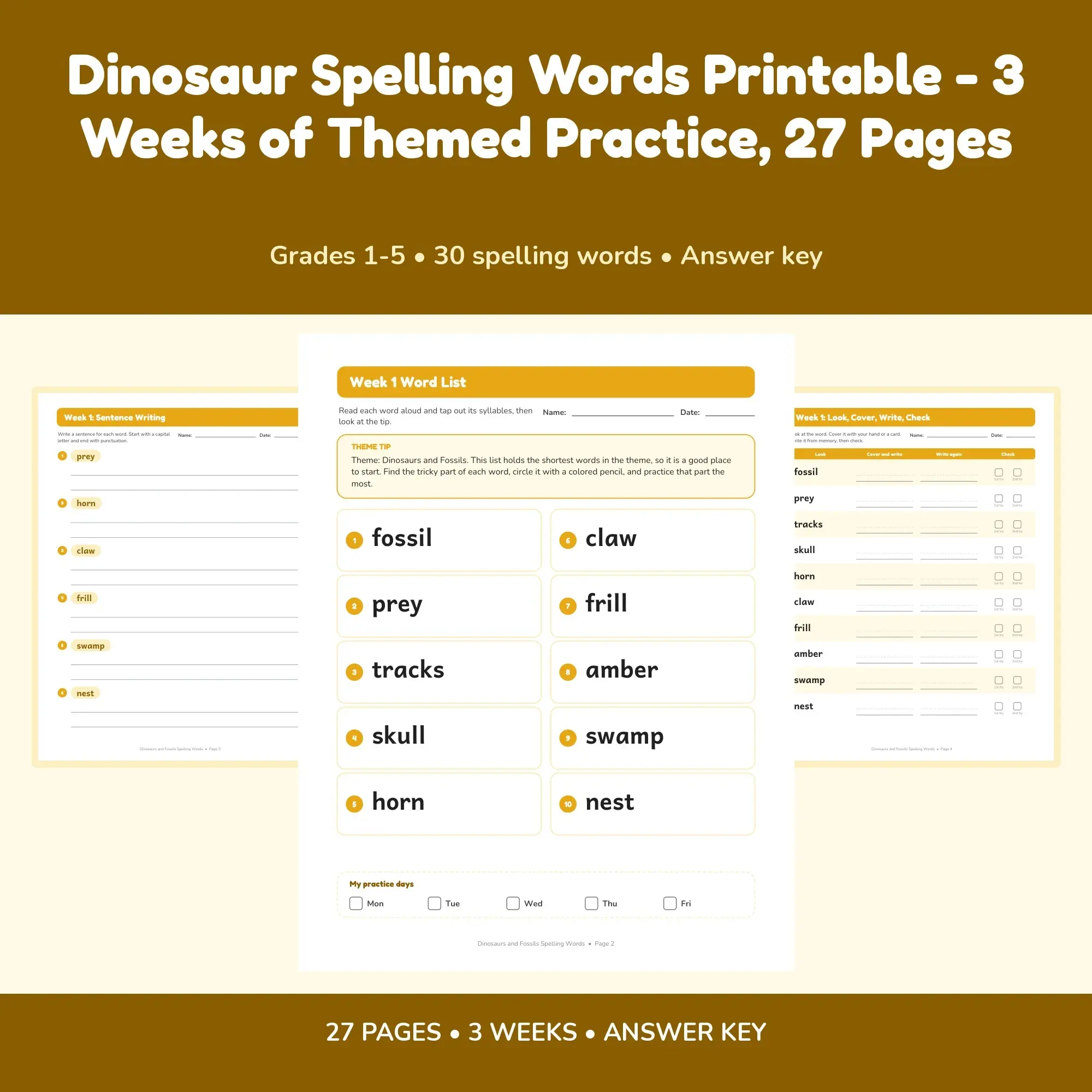 Dinosaur Spelling Words Printable - 3 Weeks of Themed Practice, 27 Pages preview