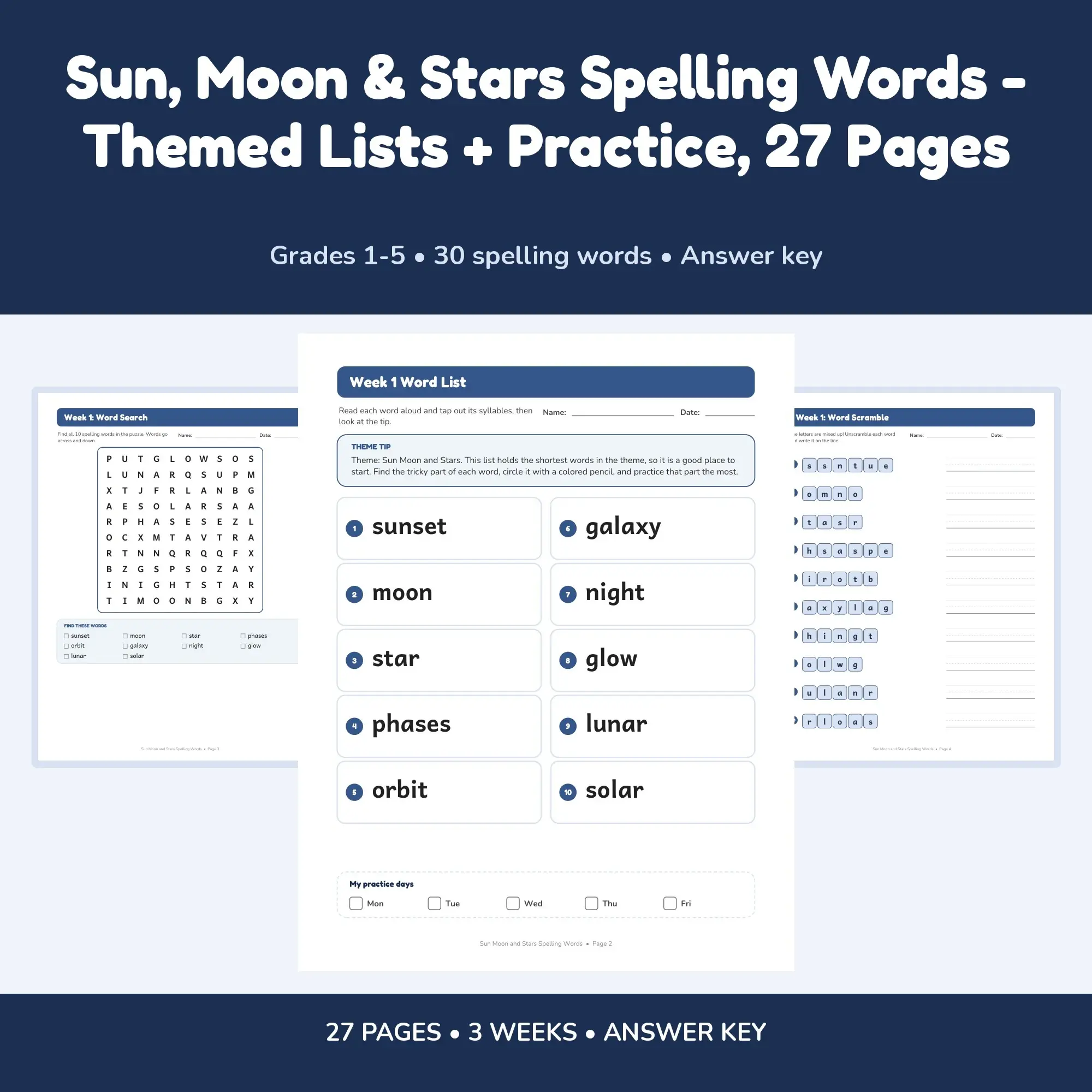 Sun, Moon & Stars Spelling Words - Themed Lists + Practice, 27 Pages preview