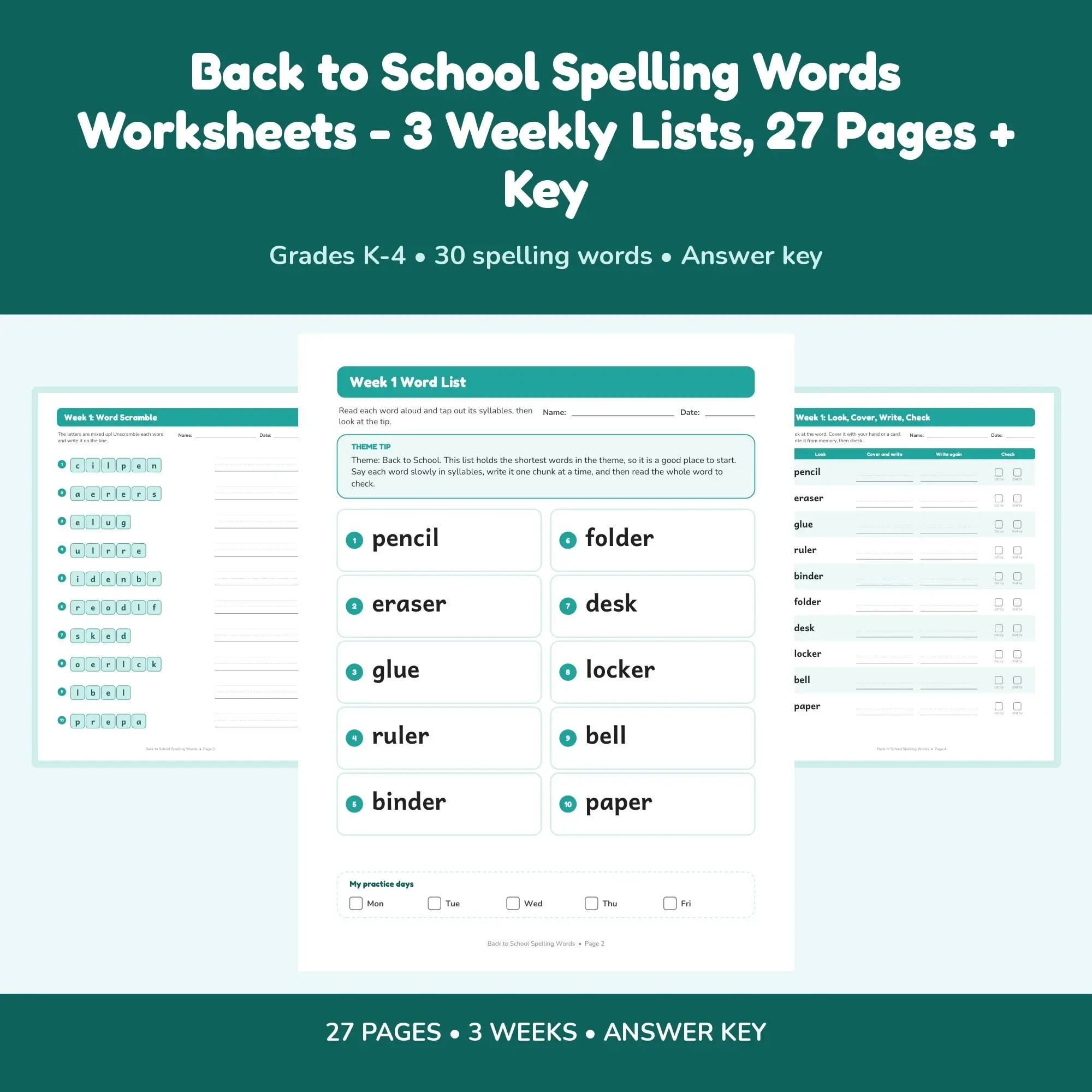Back to School Spelling Words Worksheets - 3 Weekly Lists, 27 Pages + Key preview