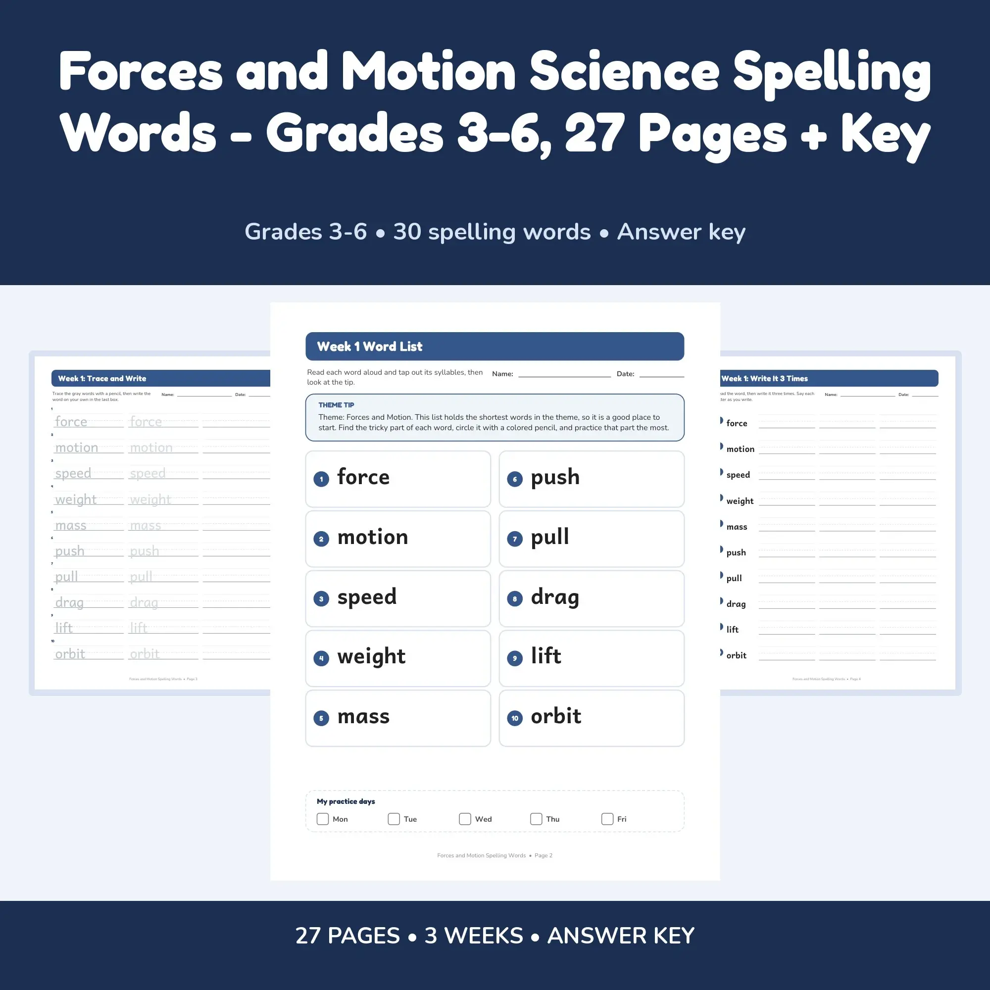 Forces and Motion Science Spelling Words - Grades 3-6, 27 Pages + Key preview
