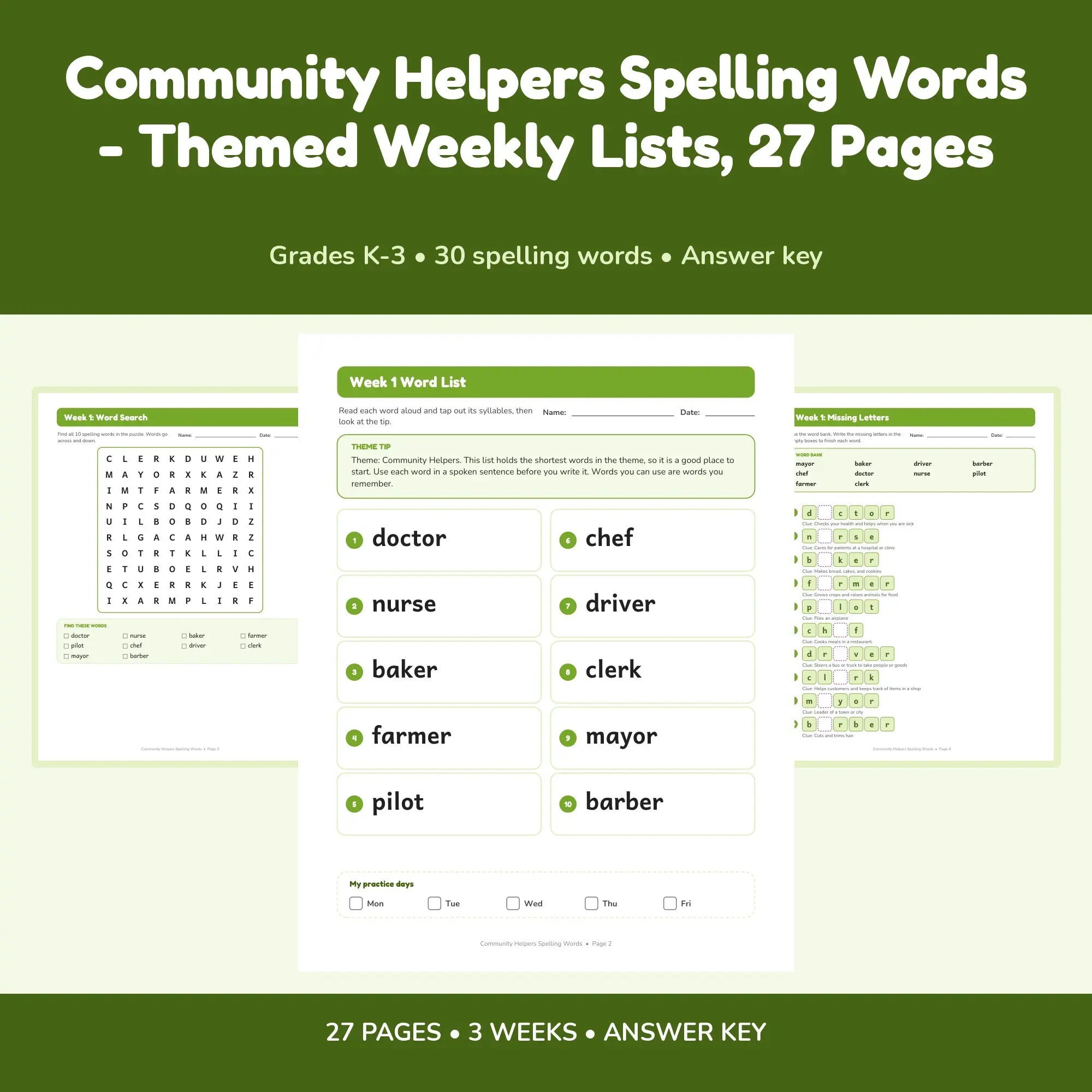 Community Helpers Spelling Words - Themed Weekly Lists, 27 Pages, preview 1 of 2