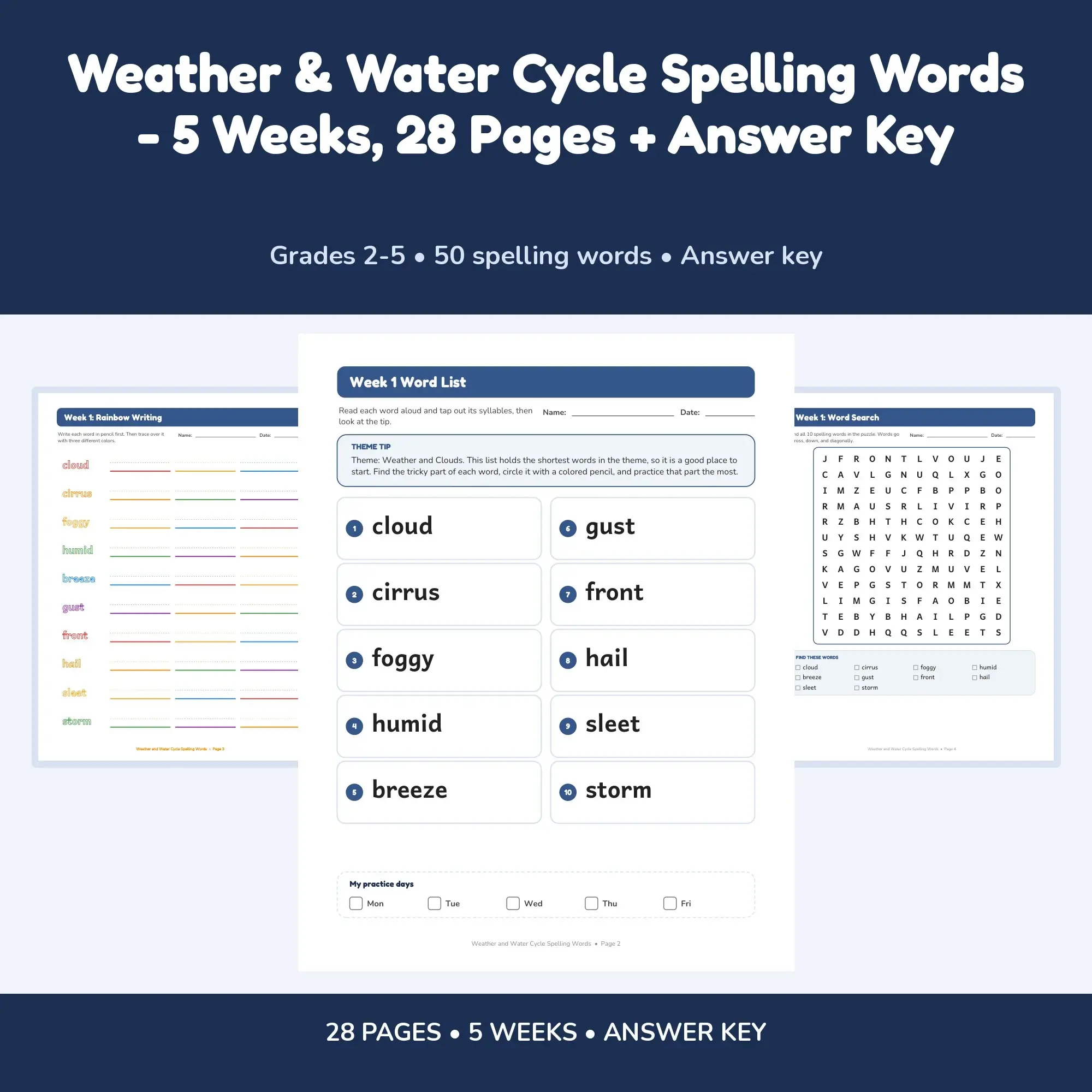 Weather & Water Cycle Spelling Words - 5 Weeks, 28 Pages + Answer Key preview