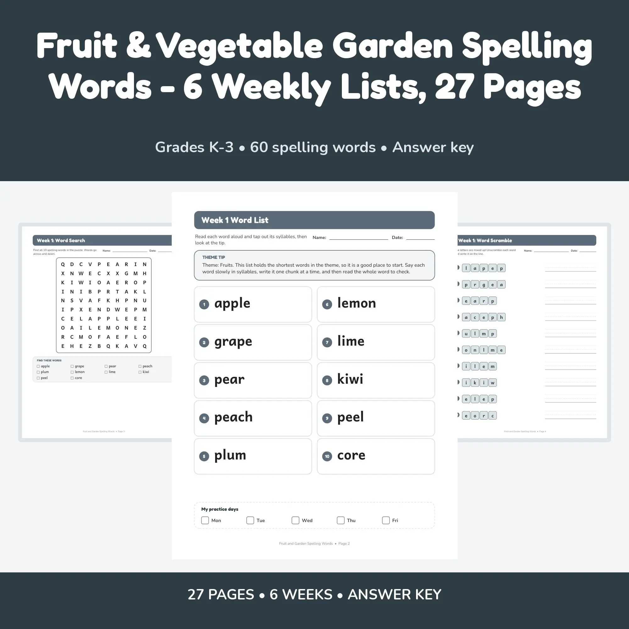 Fruit & Vegetable Garden Spelling Words - 6 Weekly Lists, 27 Pages preview