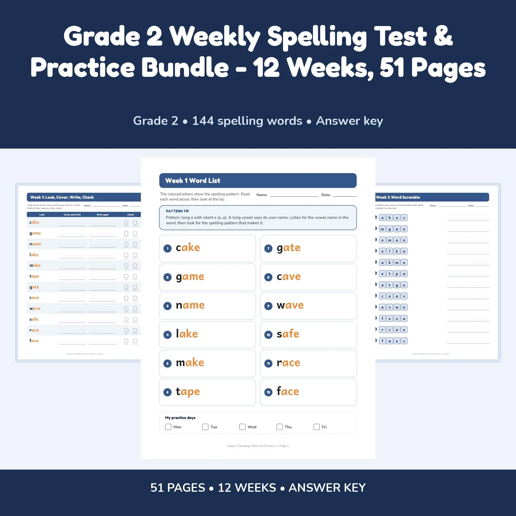 Grade 2 Weekly Spelling Test & Practice Bundle - 12 Weeks, 51 Pages preview