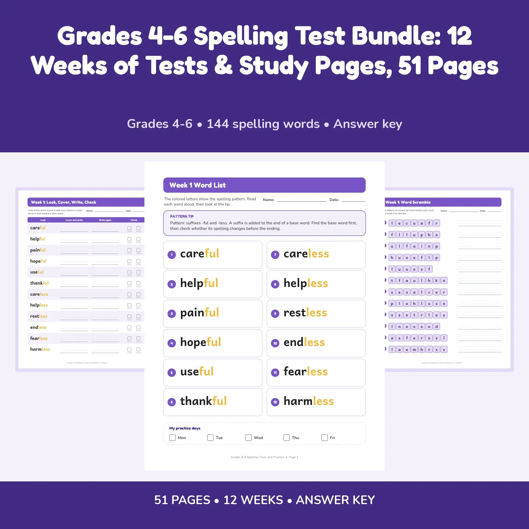 Grades 4-6 Spelling Test Bundle: 12 Weeks of Tests & Study Pages, 51 Pages preview