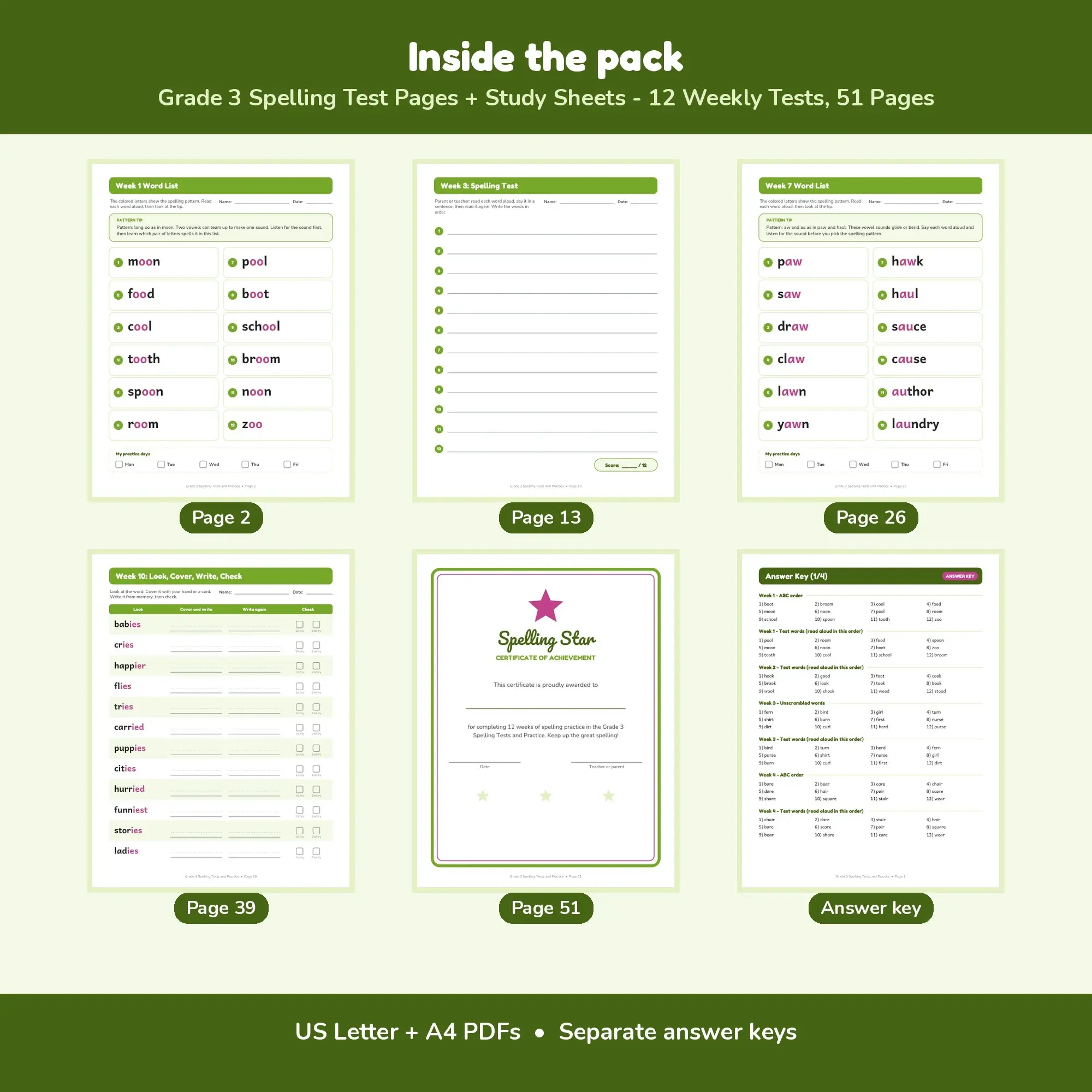 Grade 3 Spelling Test Pages + Study Sheets - 12 Weekly Tests, 51 Pages, preview 2 of 2