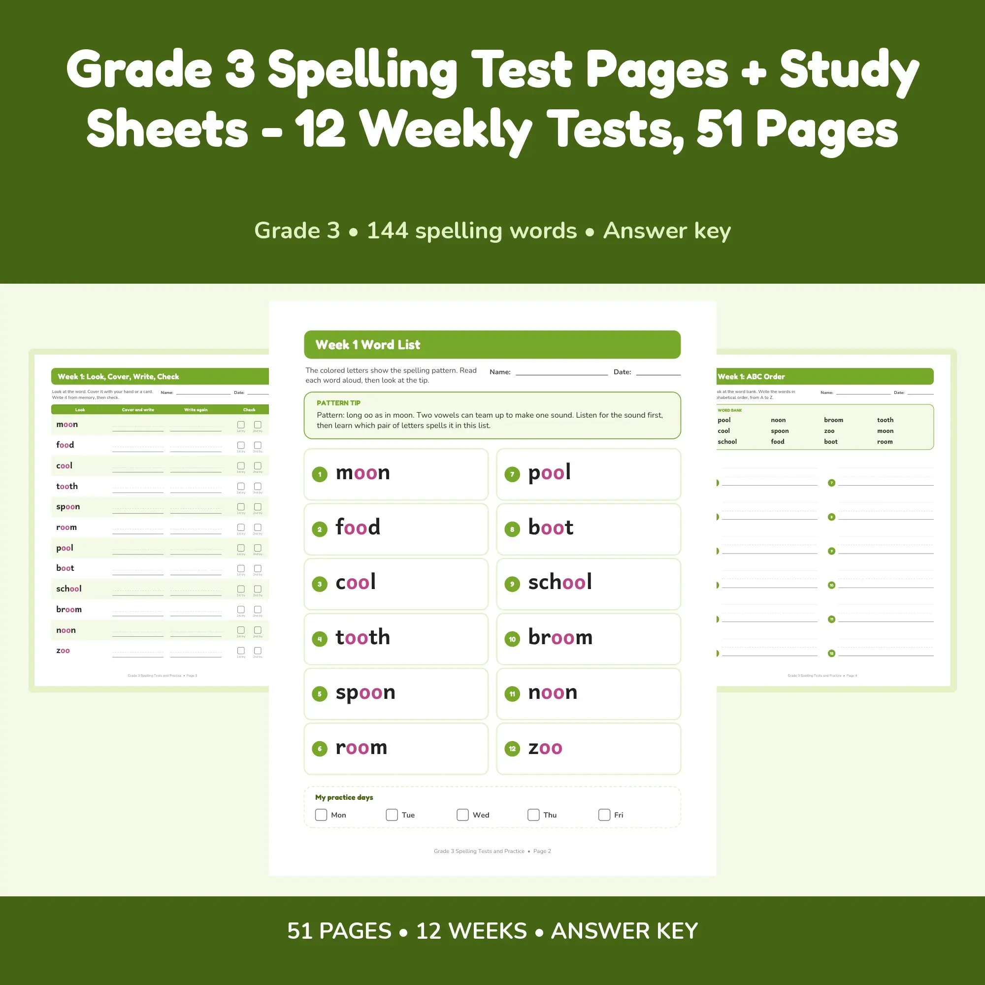 Grade 3 Spelling Test Pages + Study Sheets - 12 Weekly Tests, 51 Pages, preview 1 of 2