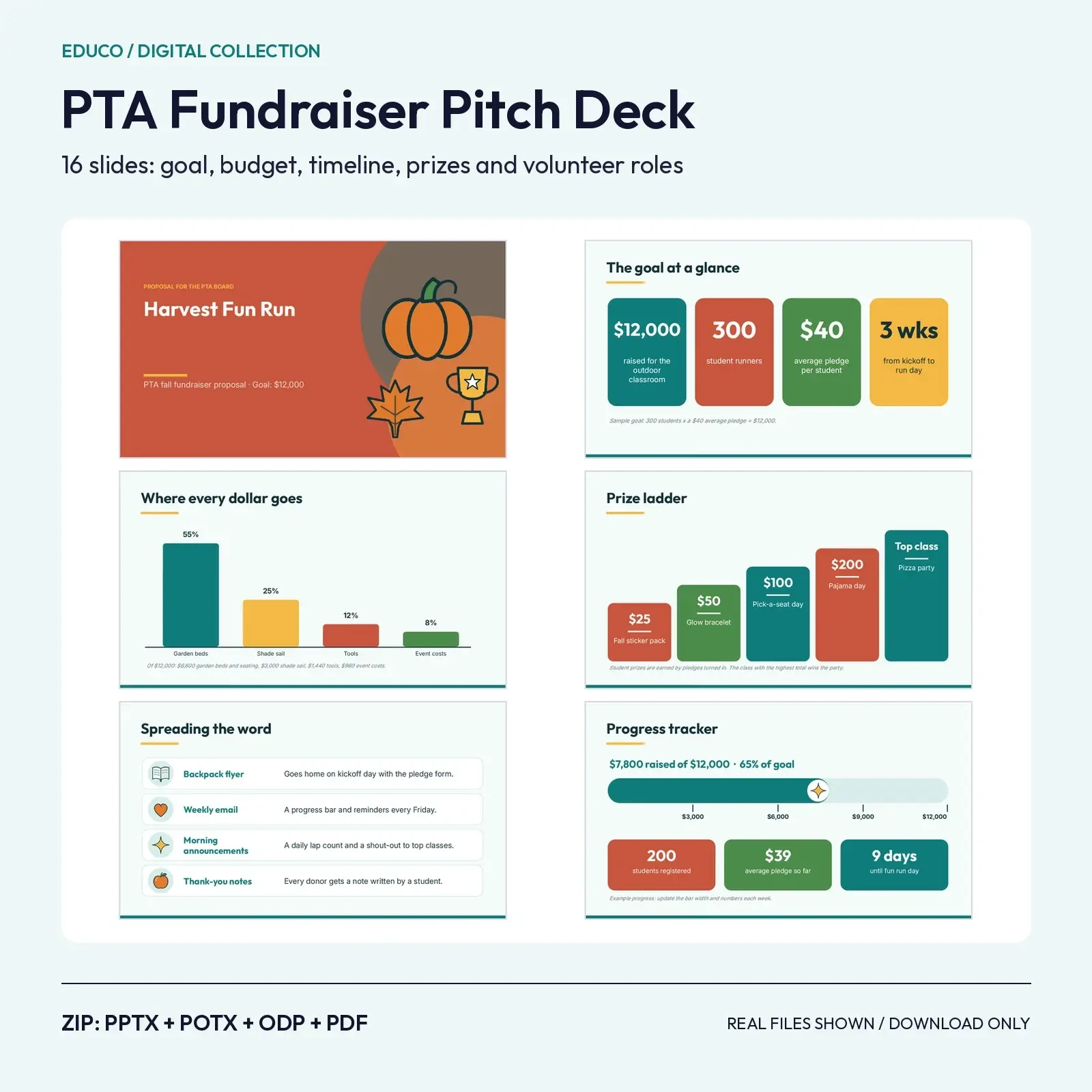PTA Fall Fundraiser Pitch Deck – 16 Editable Slides with Goal Tracker, Prize Ladder and Timeline preview