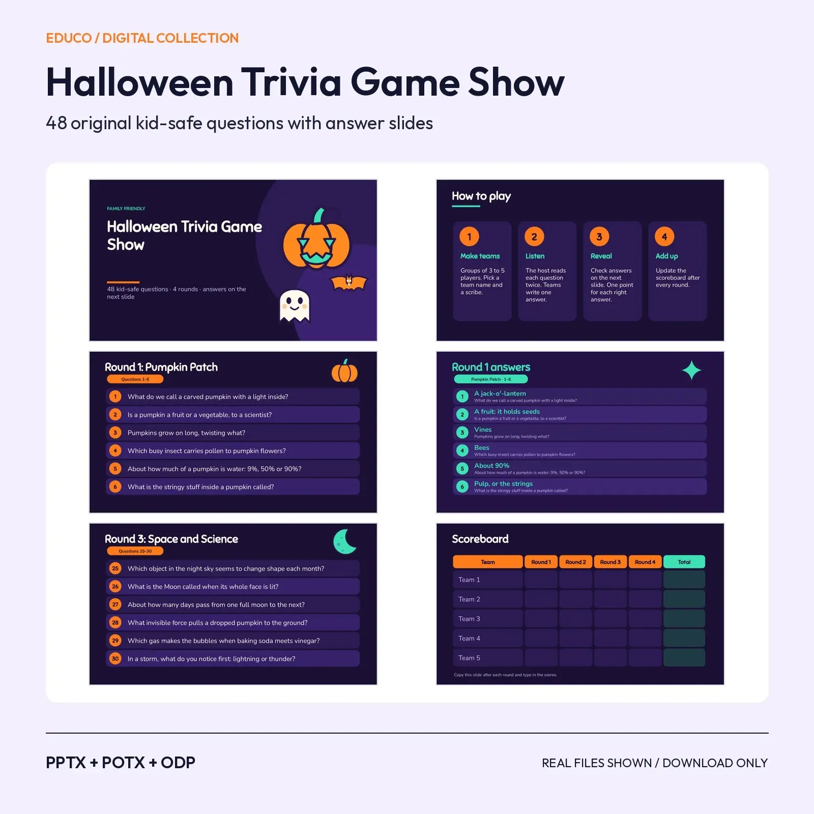 Halloween Trivia Game Show Slides – 48 Kid-Safe Questions with Answer Slides and Scoreboard preview