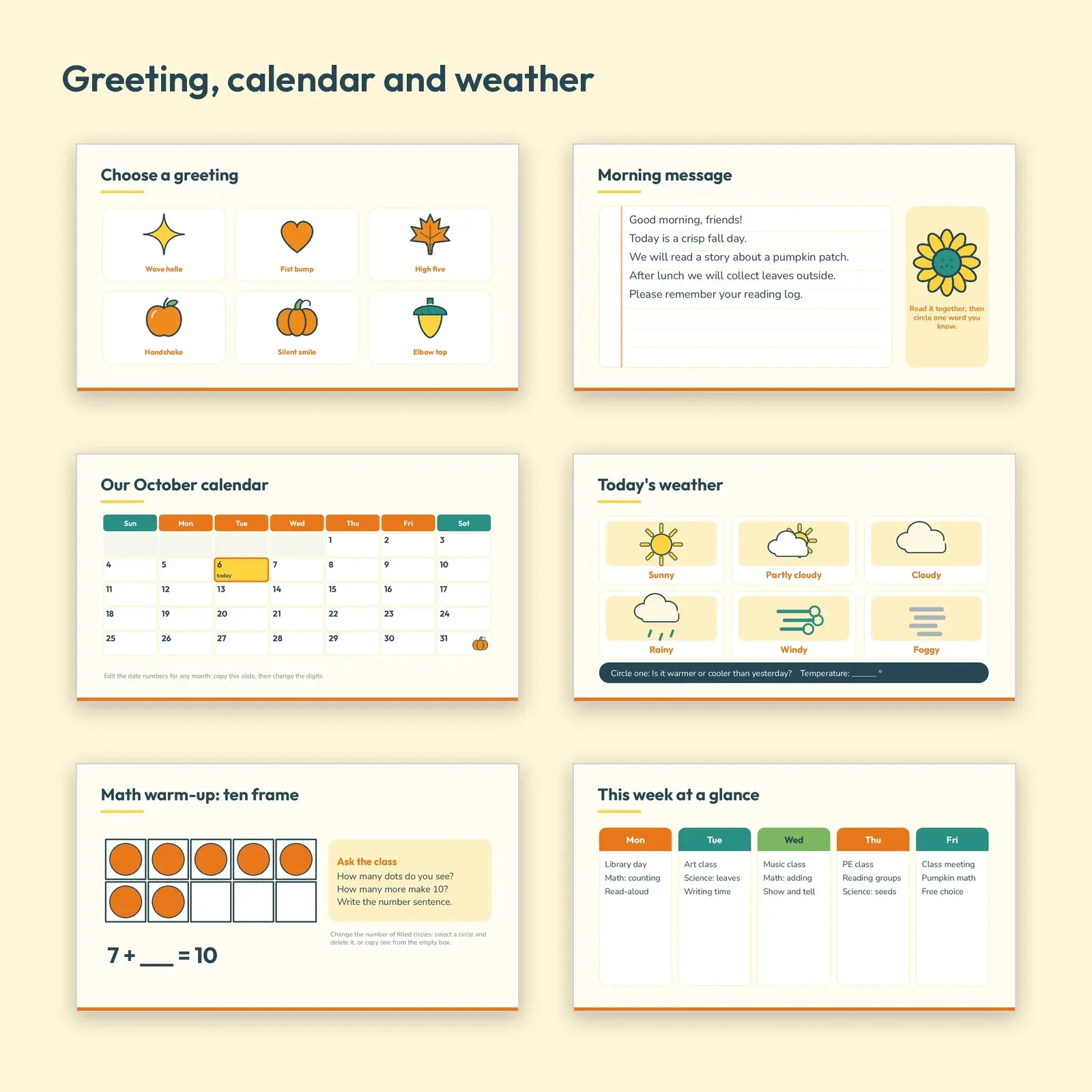 Fall Morning Meeting Slides for Elementary Classrooms – 17 Editable Daily Routine Slides, PPTX and ODP, preview 2 of 4