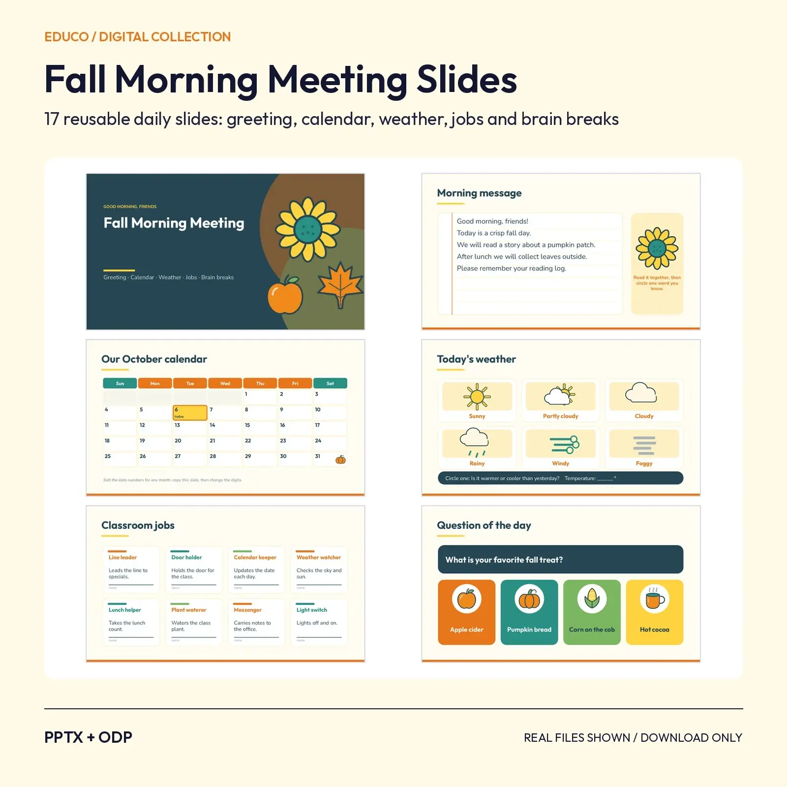 Fall Morning Meeting Slides for Elementary Classrooms – 17 Editable Daily Routine Slides, PPTX and ODP preview