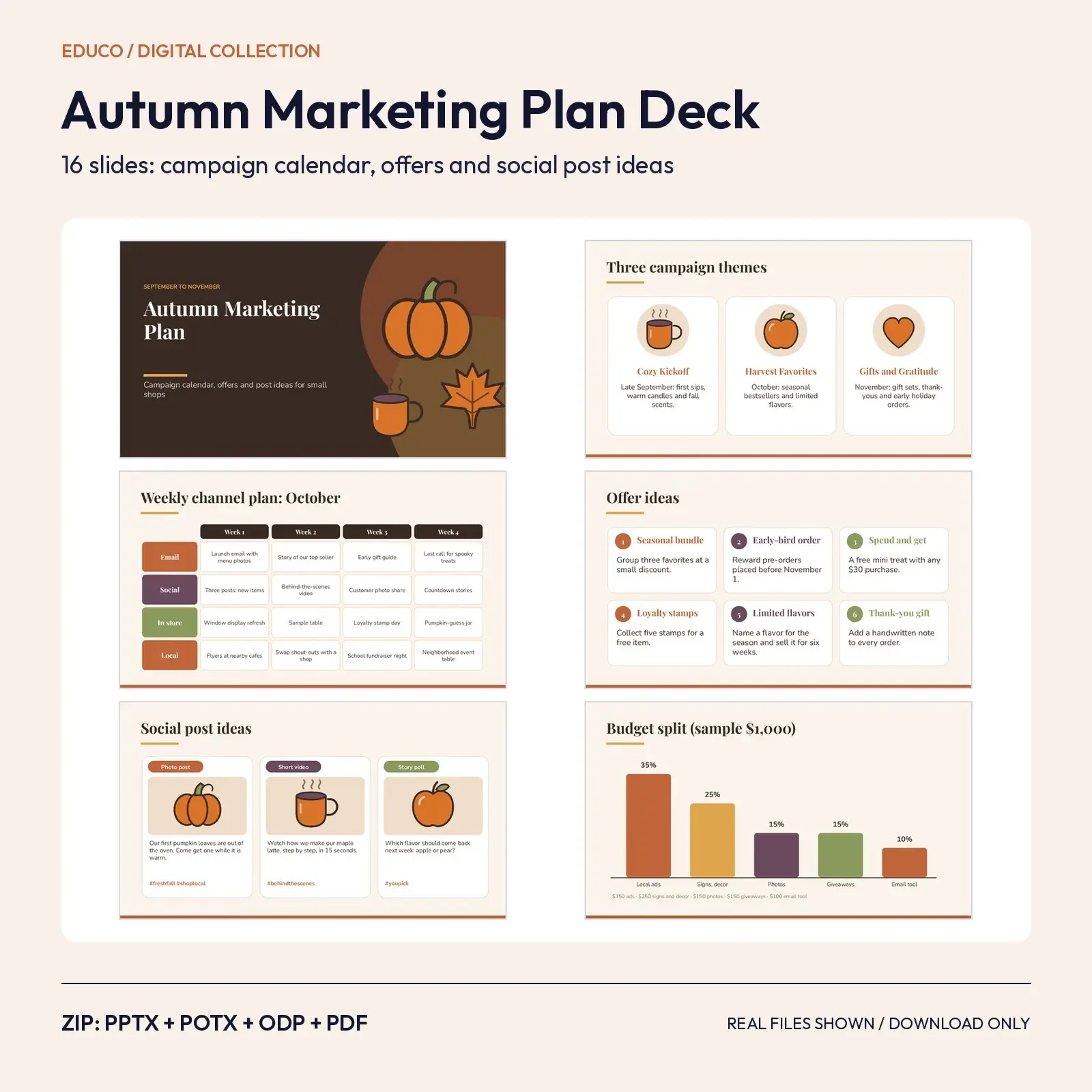 Autumn Marketing Plan for Small Shops – 16 Editable Slides: Campaign Calendar, Offers and Social Posts preview
