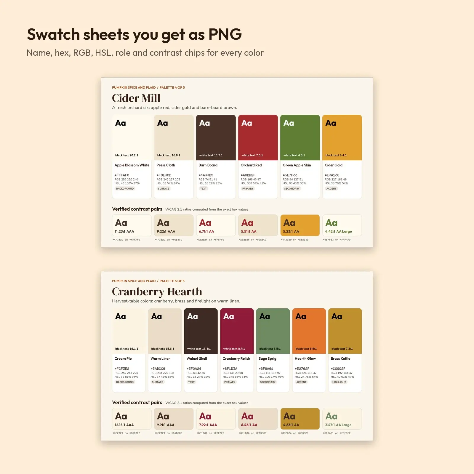 Pumpkin Spice and Plaid Color Palette Pack – 5 Fall Palettes, 35 Named Colors (JSON, CSV, PNG), preview 2 of 4