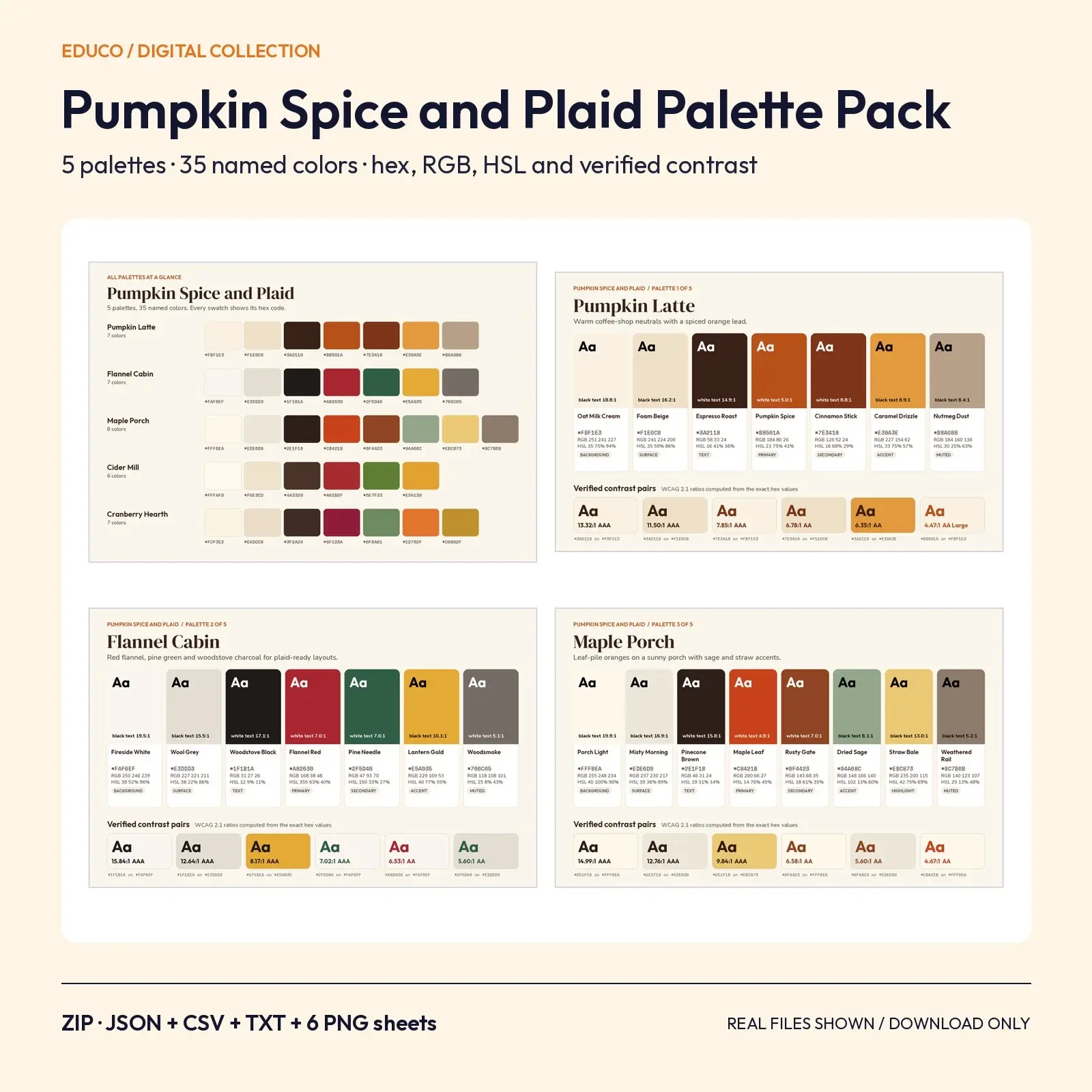 Pumpkin Spice and Plaid Color Palette Pack – 5 Fall Palettes, 35 Named Colors (JSON, CSV, PNG), preview 1 of 4