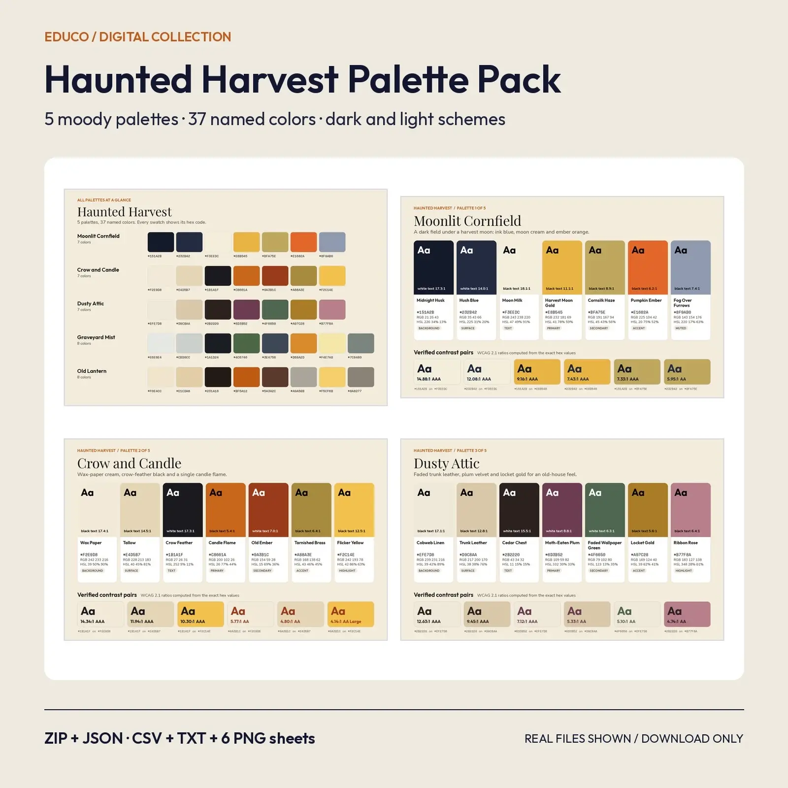 Haunted Harvest Color Palette Pack – 5 Moody Vintage Palettes, 37 Named Colors for Design and Web preview