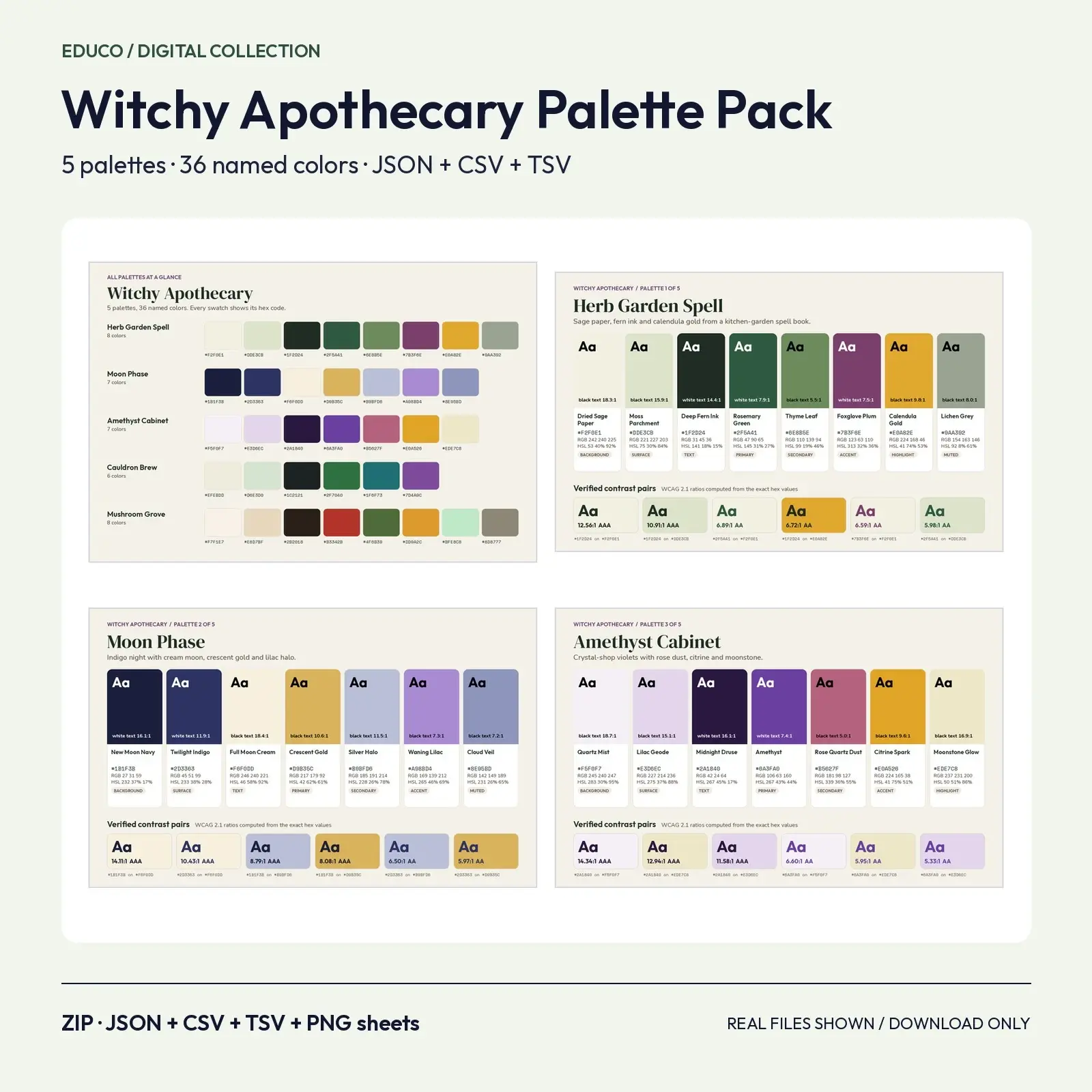 Witchy Apothecary Color Palette Pack – 5 Herb, Moon and Crystal Palettes, 36 Colors (JSON, CSV, TSV) preview