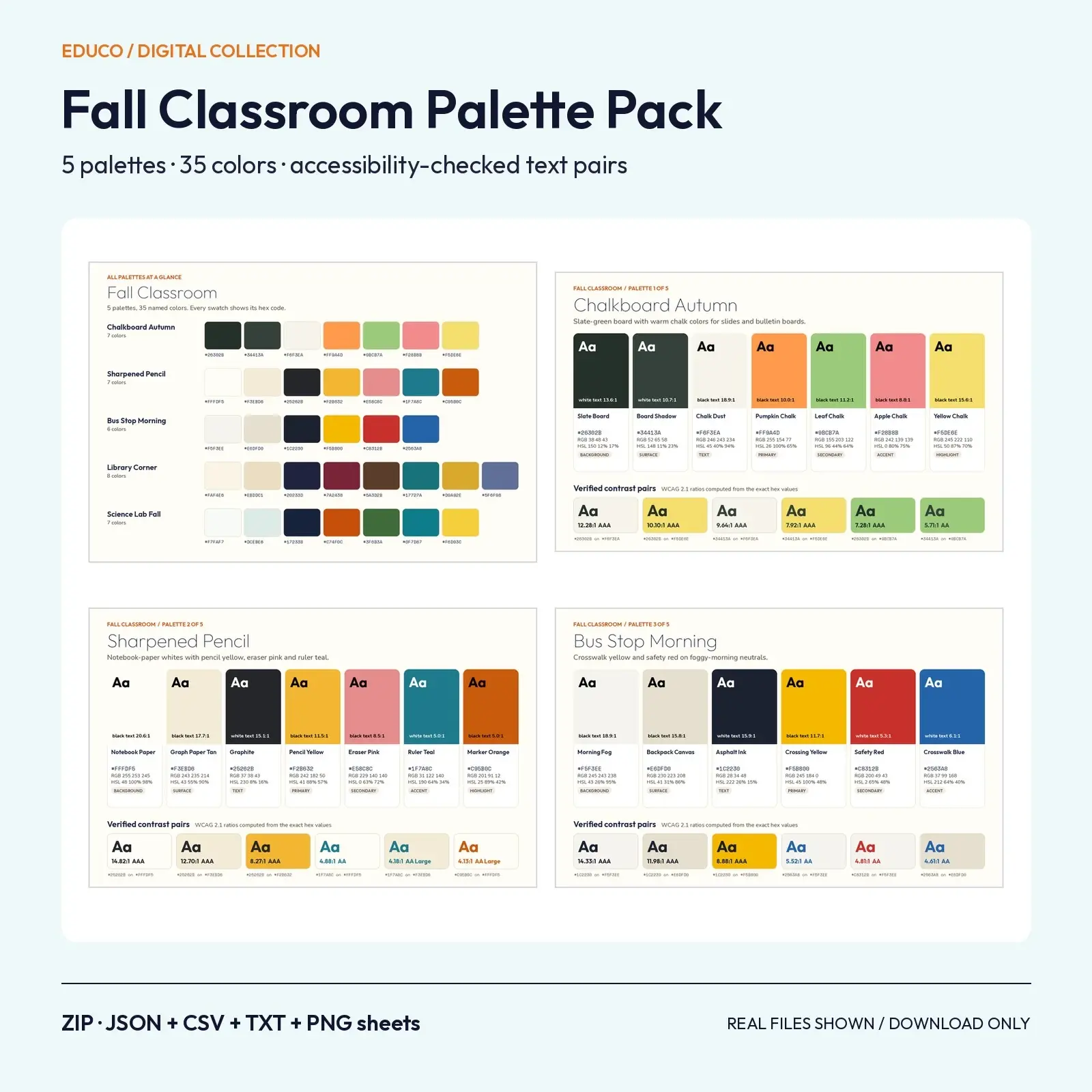 Fall Classroom Color Palette Pack – 5 Accessibility-Checked Palettes, 35 Colors with Safe Text Pairs preview