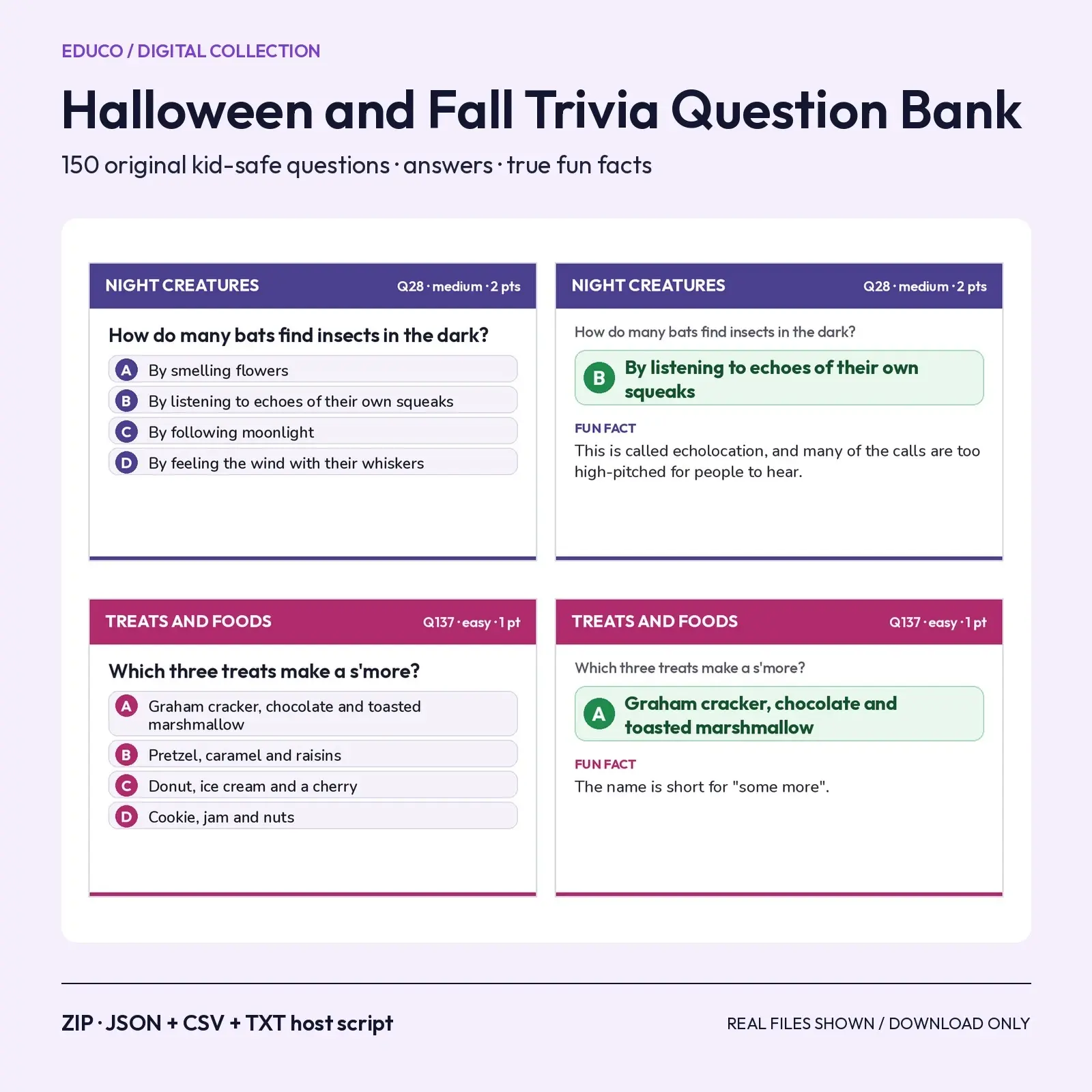 Halloween and Fall Trivia Question Bank – 150 Kid-Safe Questions with Answers and Fun Facts (JSON, CSV), preview 1 of 4