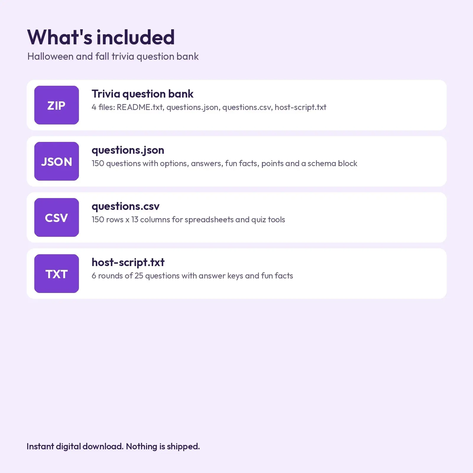 Halloween and Fall Trivia Question Bank – 150 Kid-Safe Questions with Answers and Fun Facts (JSON, CSV), preview 4 of 4