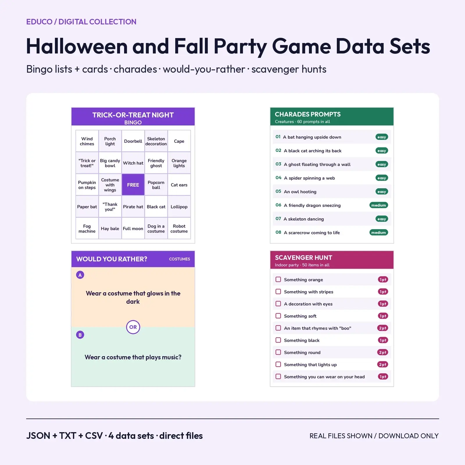Halloween and Fall Party Game Data Sets – Bingo Lists, 60 Charades, 60 Would-You-Rather, 50 Scavenger Items preview