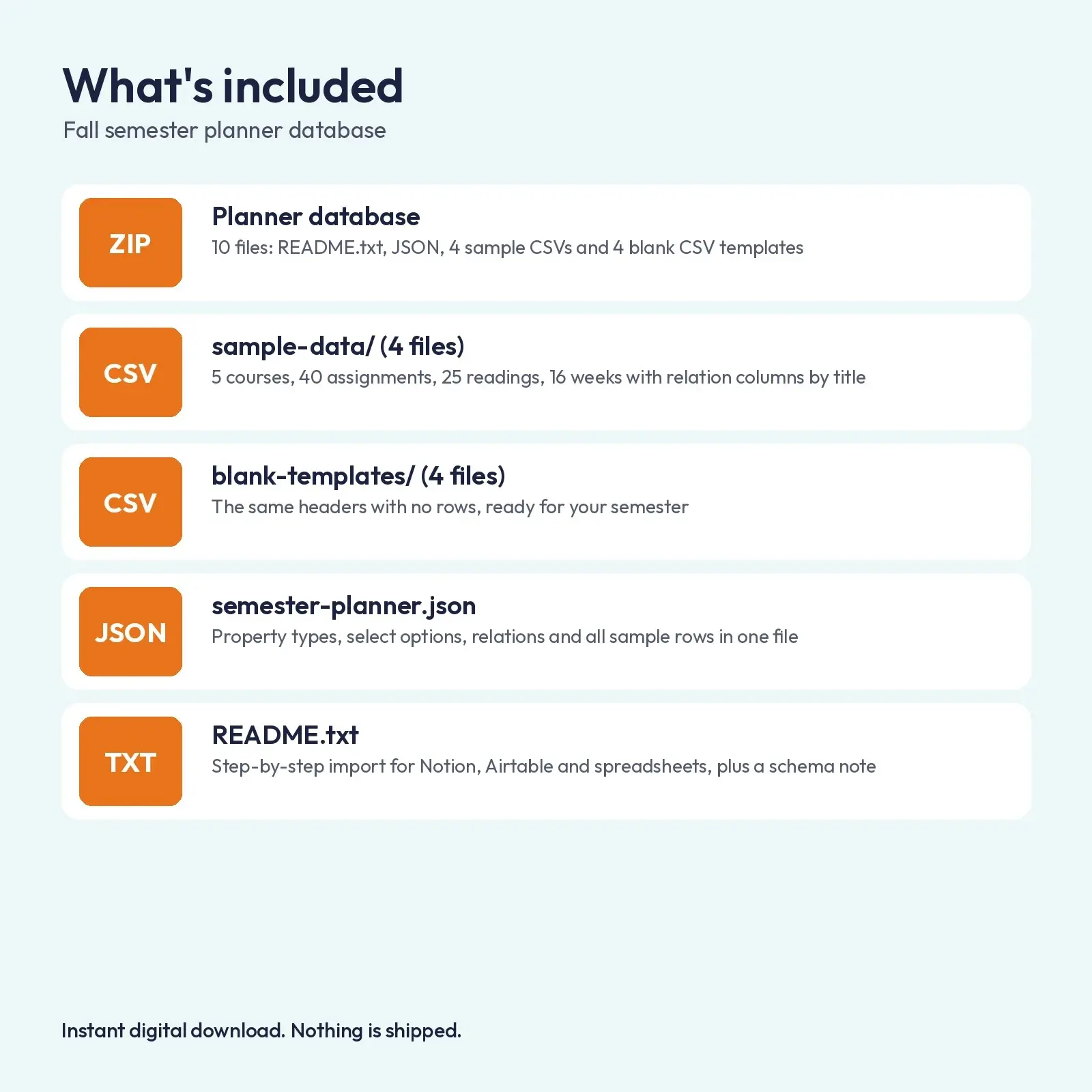 Fall Semester Planner Database – 40 Assignments, 25 Readings, 4 Linked CSV Tables and JSON for Notion, preview 4 of 4