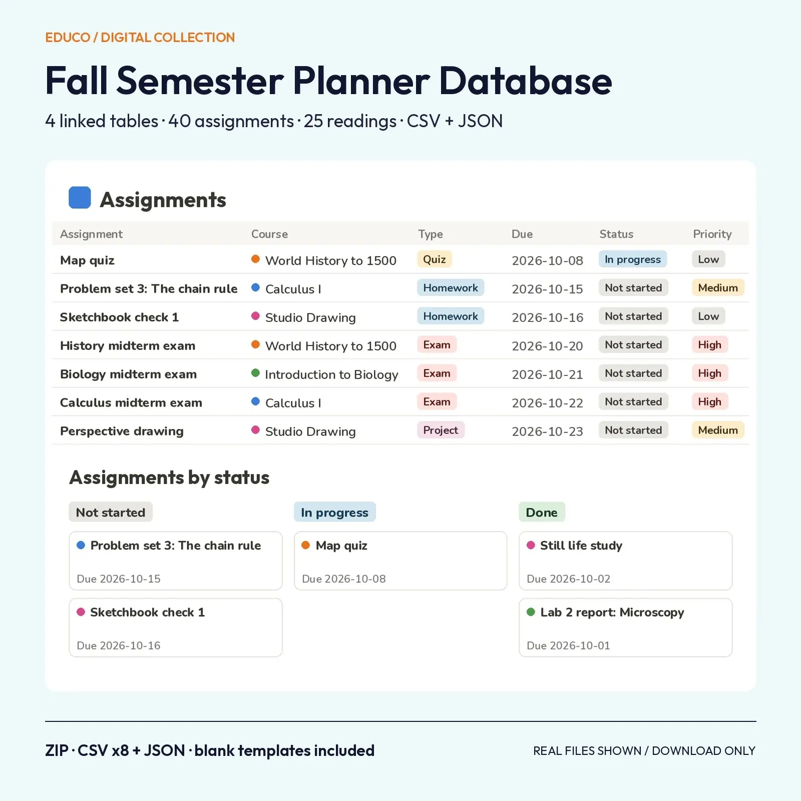 Fall Semester Planner Database – 40 Assignments, 25 Readings, 4 Linked CSV Tables and JSON for Notion, preview 1 of 4
