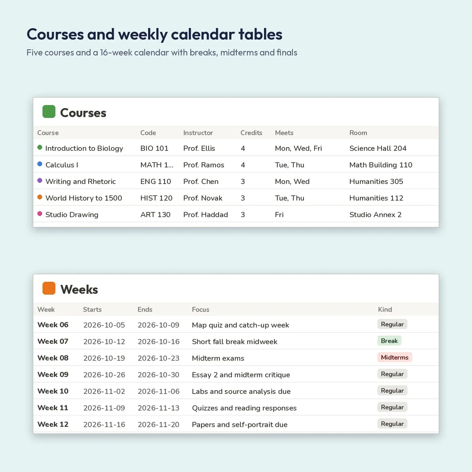 Fall Semester Planner Database – 40 Assignments, 25 Readings, 4 Linked CSV Tables and JSON for Notion, preview 2 of 4