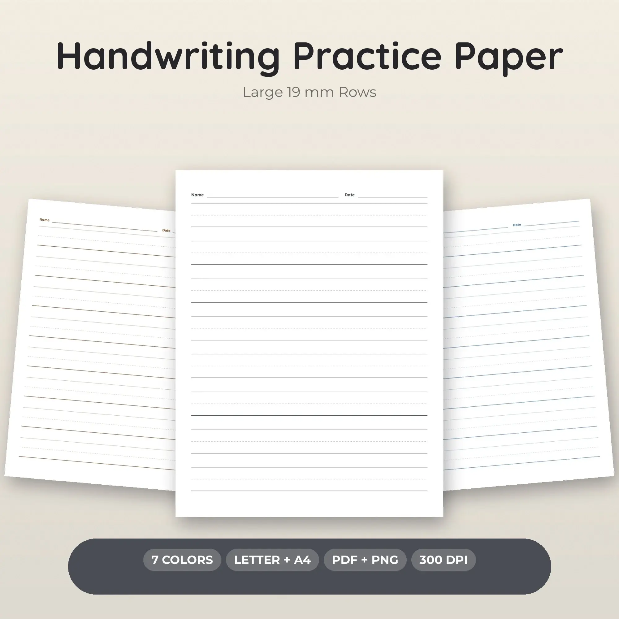 Handwriting Practice Paper Pack, Large 19 mm Rows - PDF + PNG preview