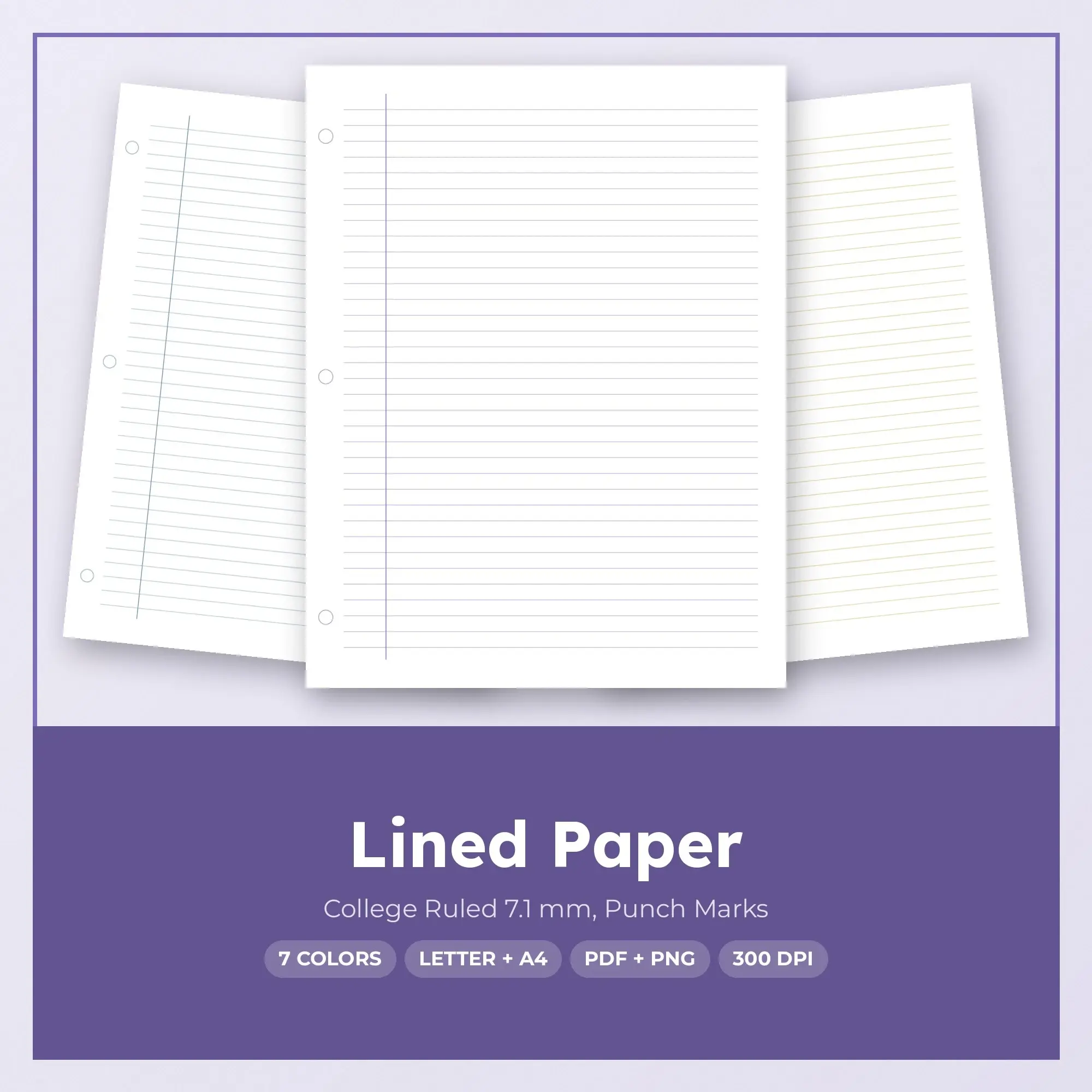 7 Color Lined Paper: College Ruled 7.1 mm, Punch Marks | PDF & PNG preview