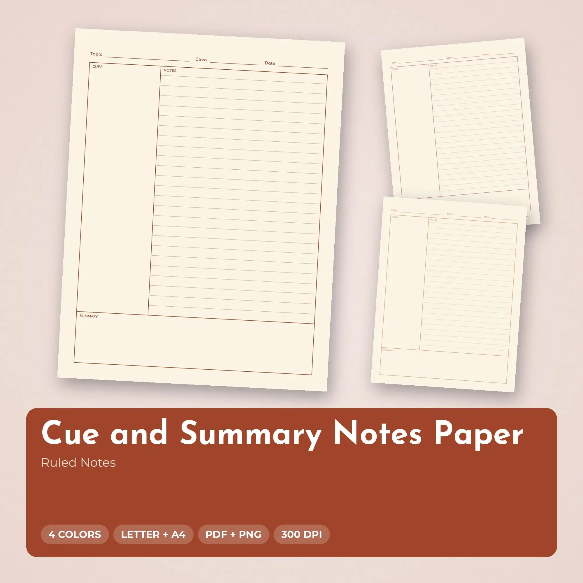 Ruled Notes Cue and Summary Notes Paper, Warm Colors, US Letter + A4 preview