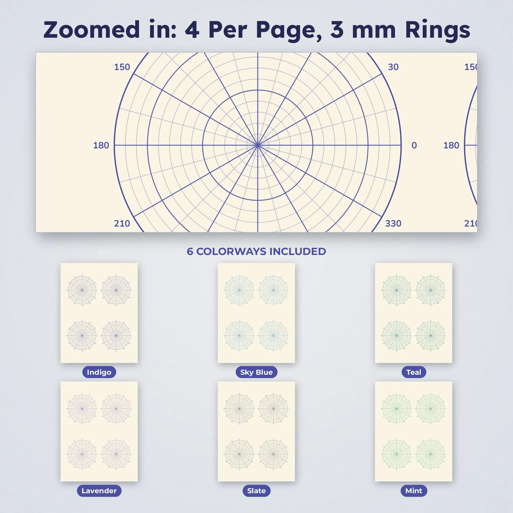 6 Color Polar Graph Paper: 4 Per Page, 3 mm Rings | PDF & PNG, preview 2 of 2