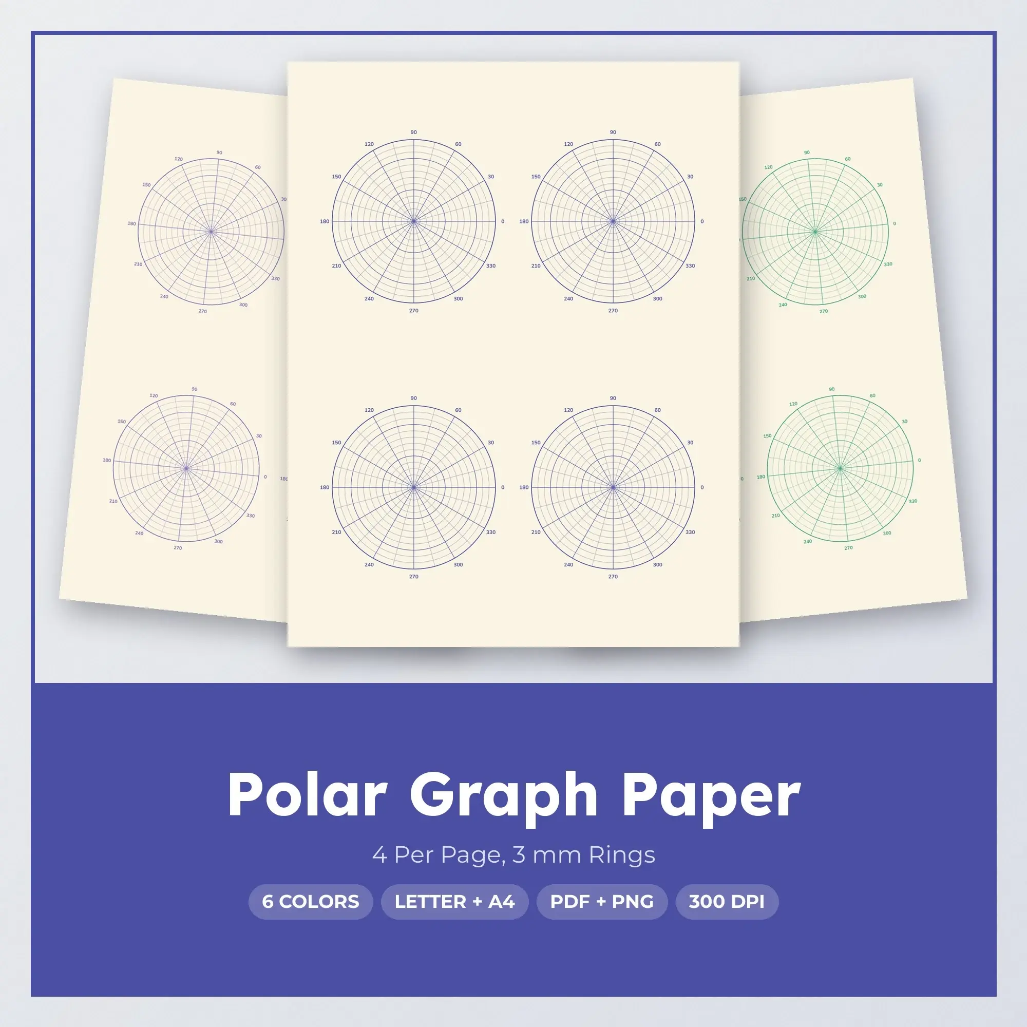 6 Color Polar Graph Paper: 4 Per Page, 3 mm Rings | PDF & PNG preview