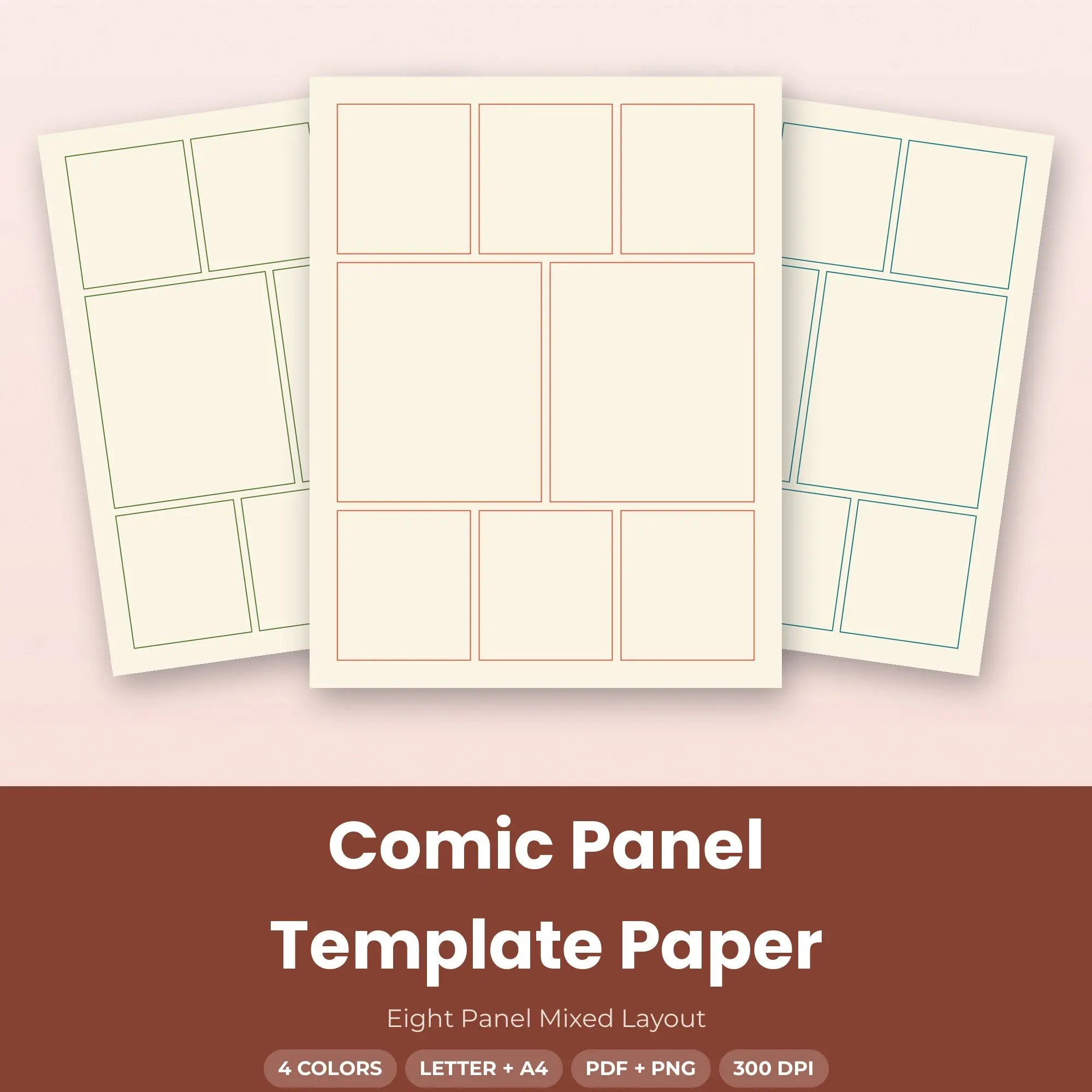 Comic Panel Template Paper Pack, Eight Panel Mixed Layout - PDF + PNG, preview 1 of 2