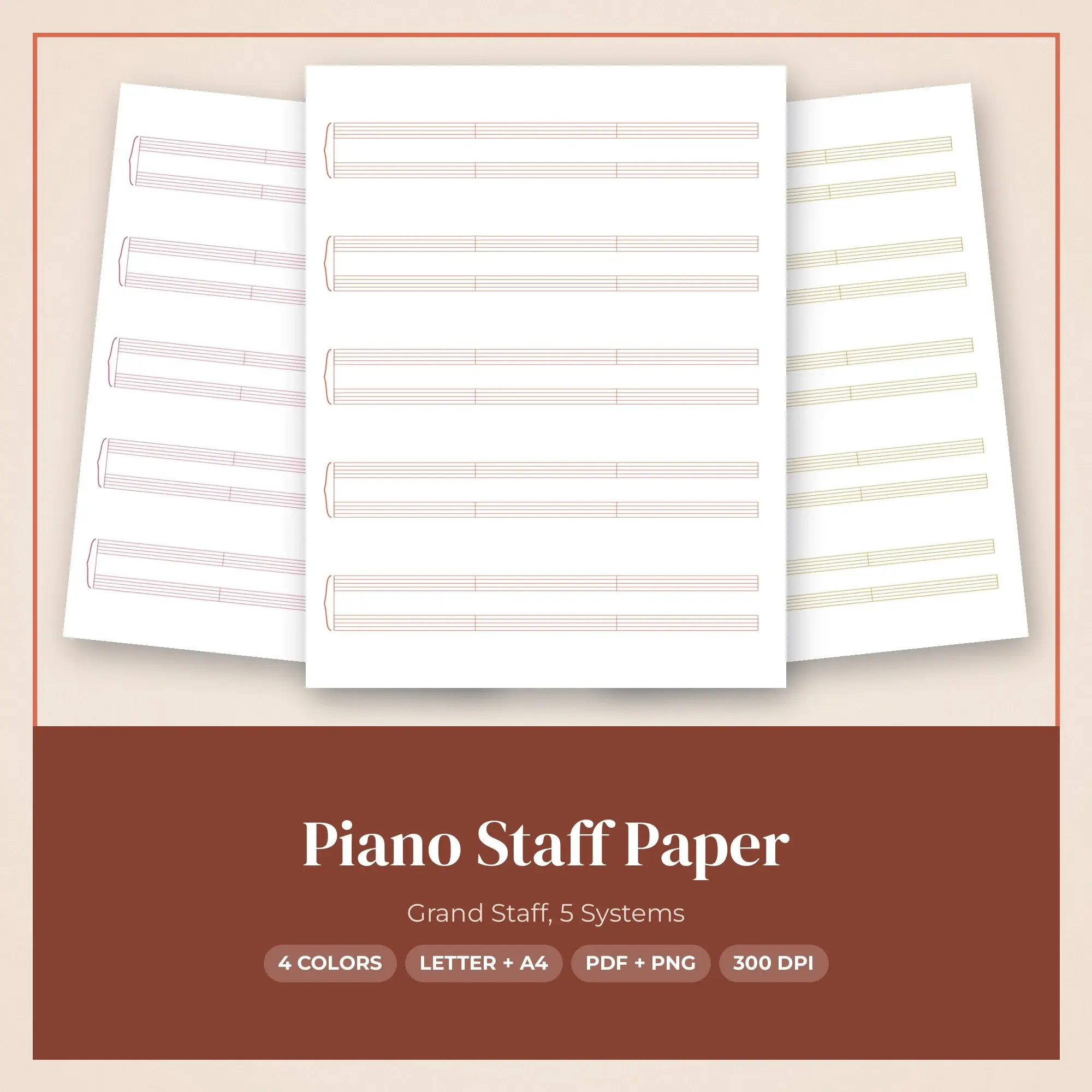 Piano Staff Paper Pack, Grand Staff, 5 Systems - PDF + PNG preview