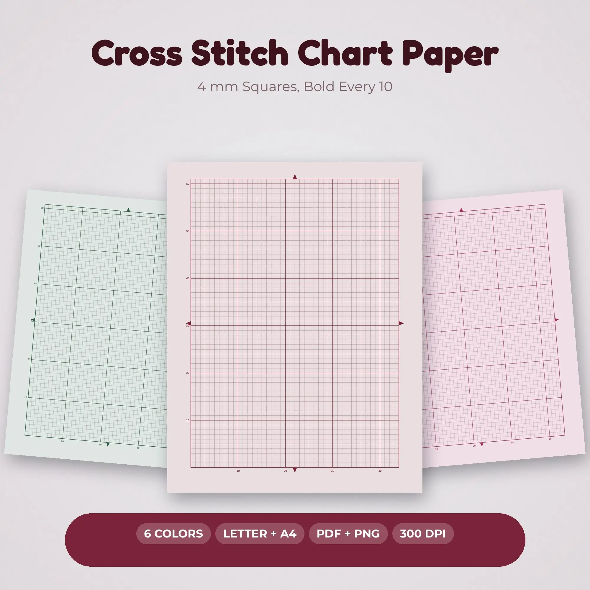 Cross Stitch Chart Paper Pack, 4 mm Squares, Bold Every 10 - PDF + PNG preview