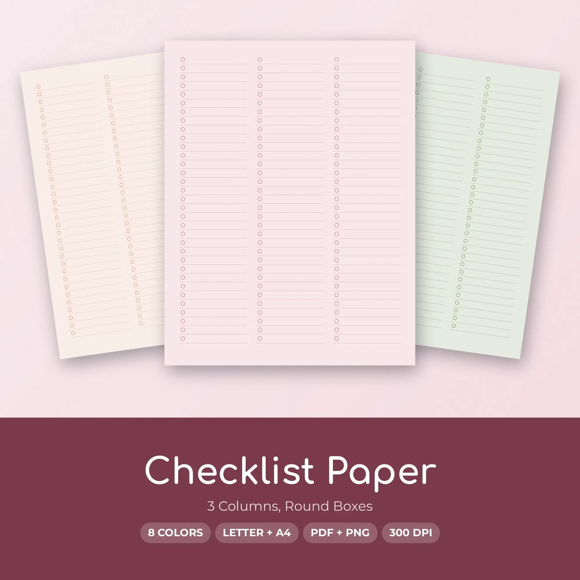 Checklist Paper Printable, 3 Columns, Round Boxes - 8 Colors PDF + PNG preview
