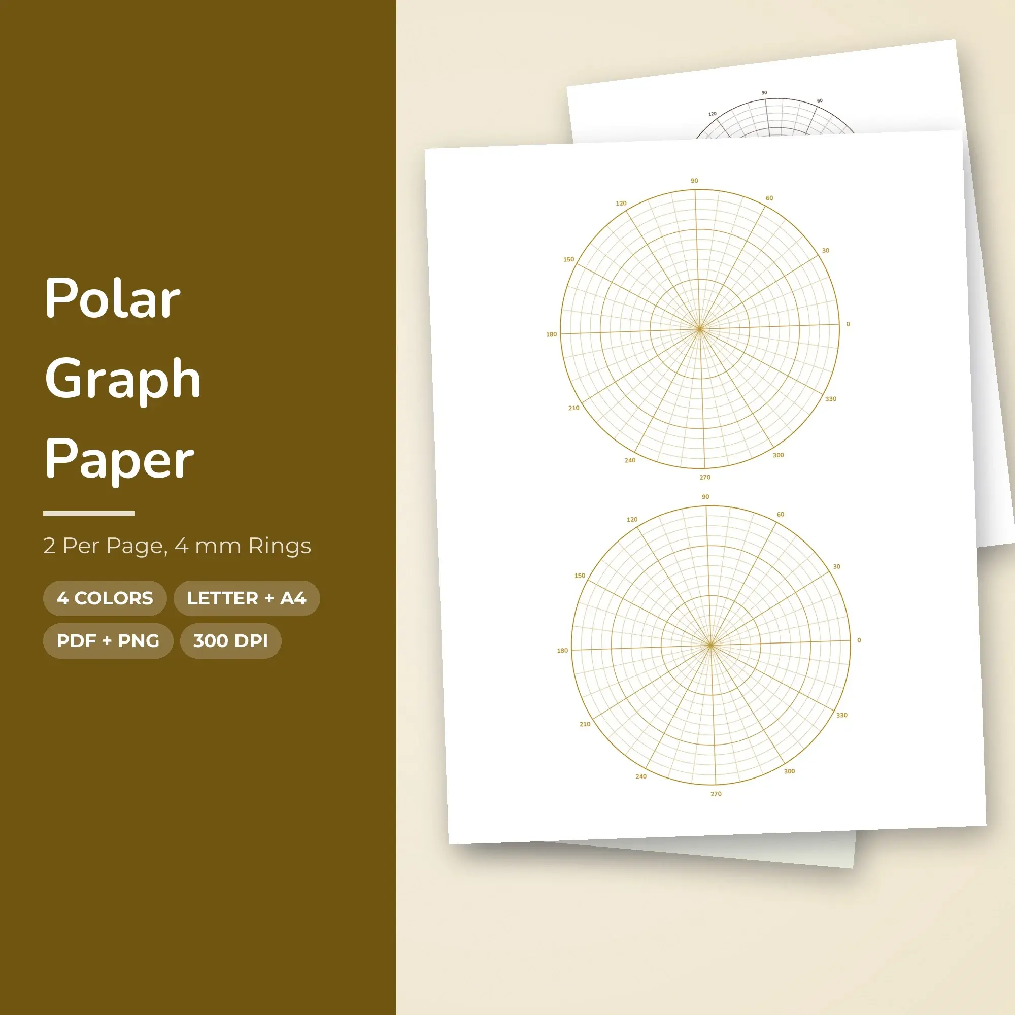 2 Per Page Polar Graph Paper, 4 mm Rings Printable PDF, 4 Color Set preview
