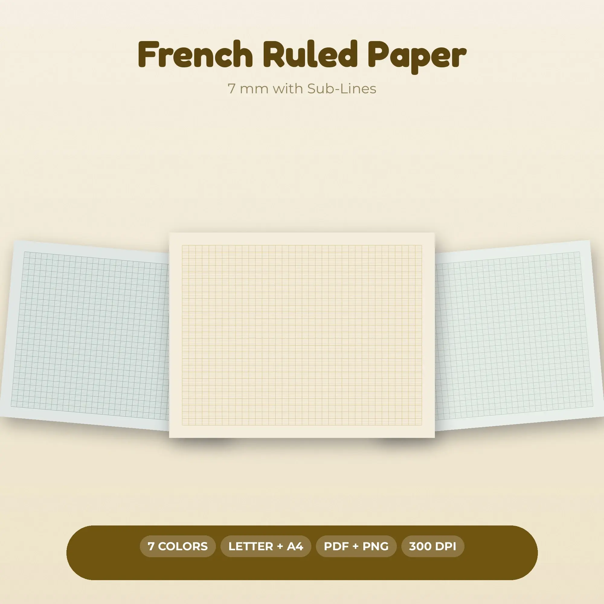7 mm with Sub-Lines French Ruled Paper Printable PDF, 7 Color Set preview
