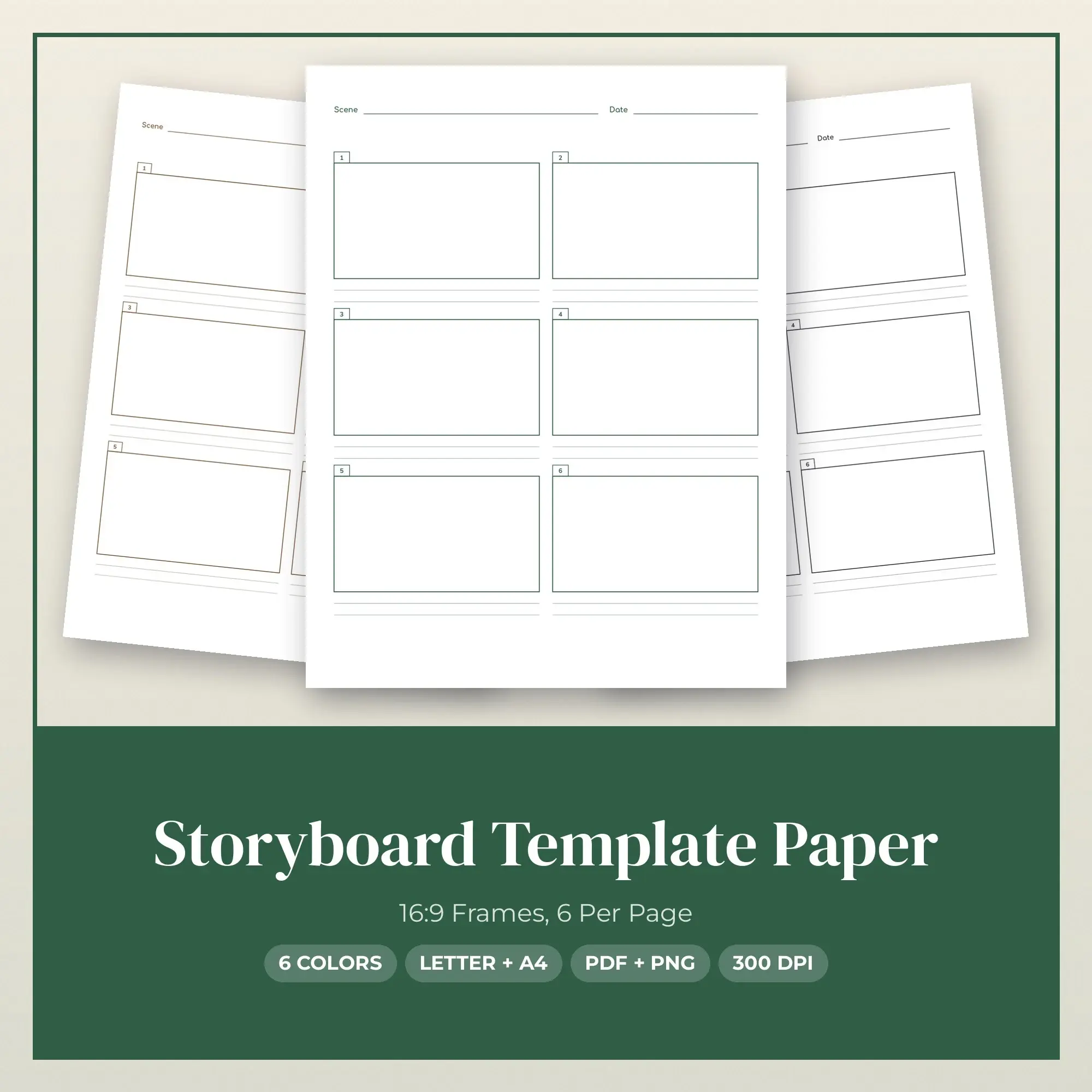 6 Color Storyboard Template Paper: 16:9 Frames, 6 Per Page | PDF & PNG preview