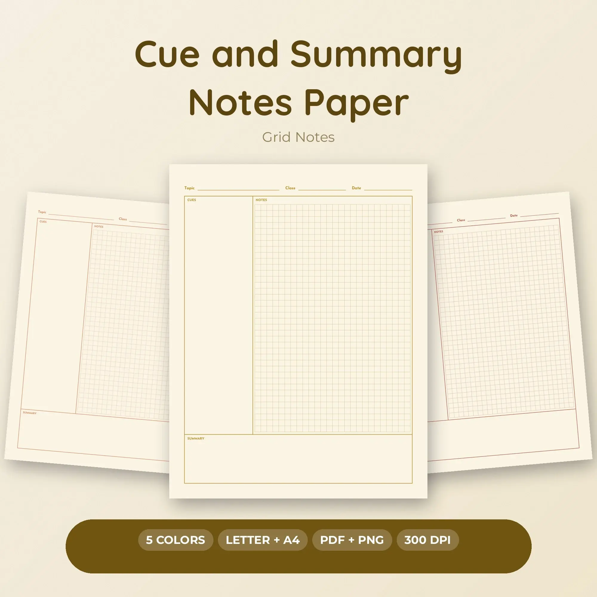Grid Notes Cue and Summary Notes Paper, Warm Colors, US Letter + A4 preview