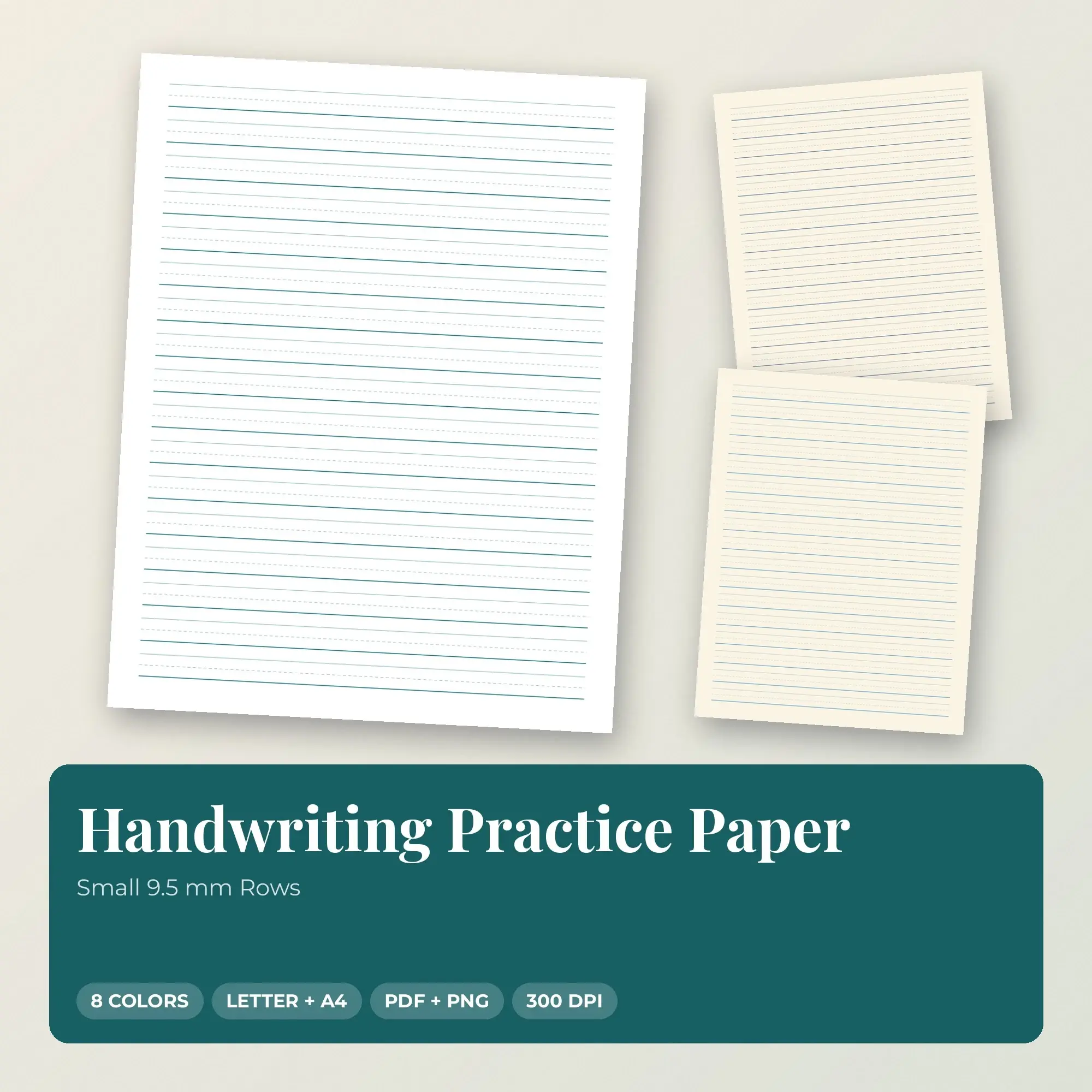 Handwriting Practice Paper - Small 9.5 mm Rows, 8 Colorways, PDF + PNG preview