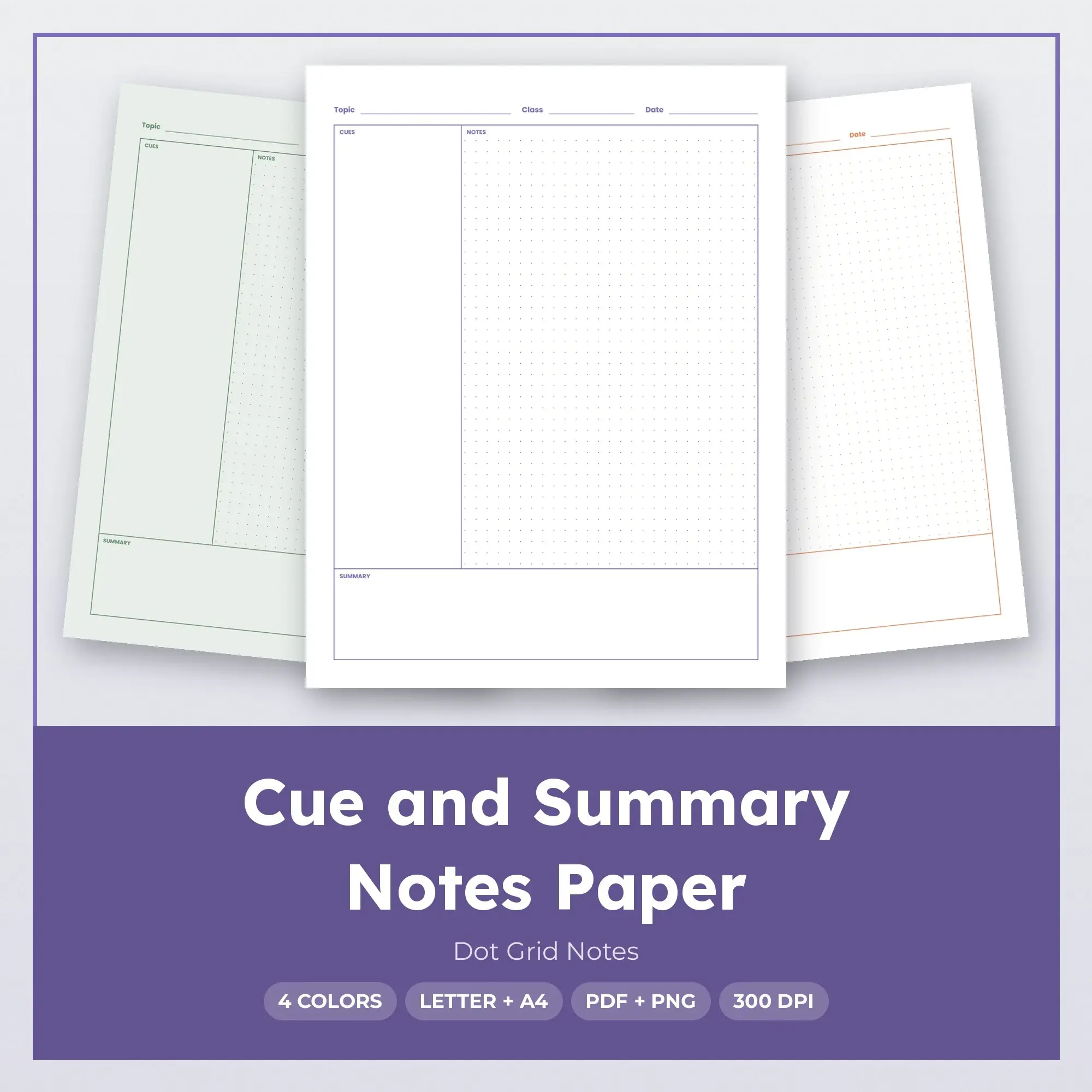 Cue and Summary Notes Paper - Dot Grid Notes, 4 Colorways, PDF + PNG preview