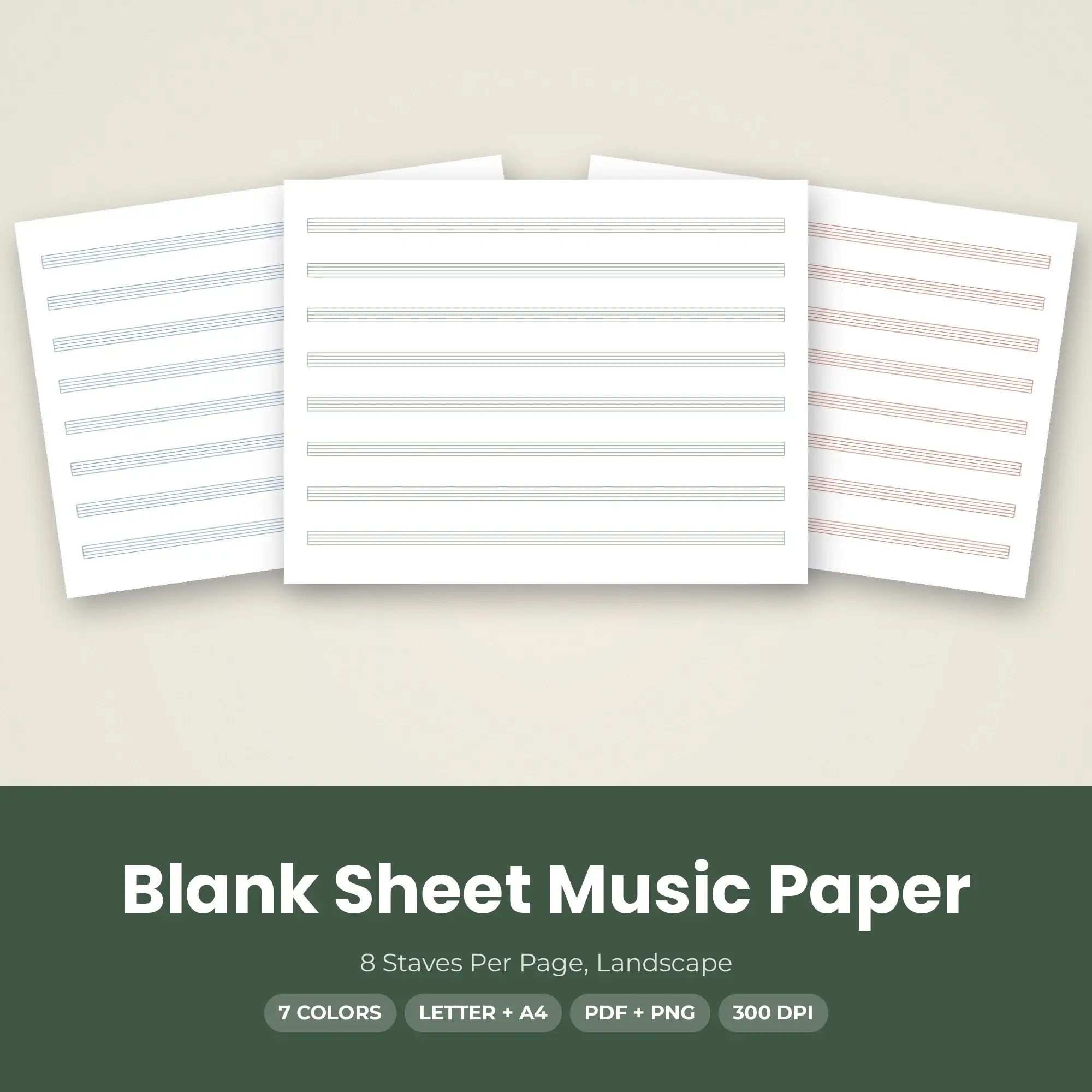 Blank Sheet Music Paper Pack, 8 Staves Per Page, Landscape - PDF + PNG preview