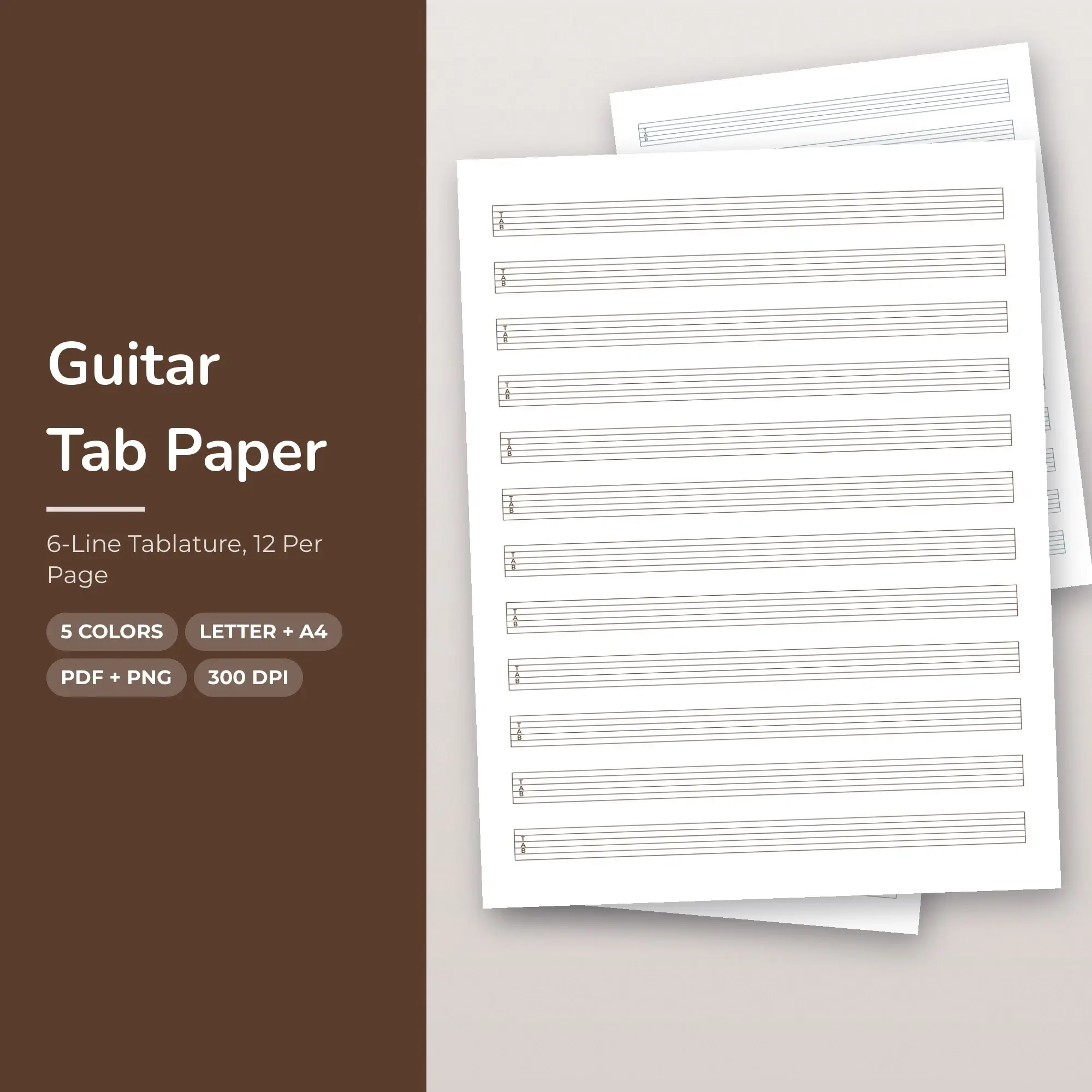 Guitar Tab Paper Pack, 6-Line Tablature, 12 Per Page - PDF + PNG preview