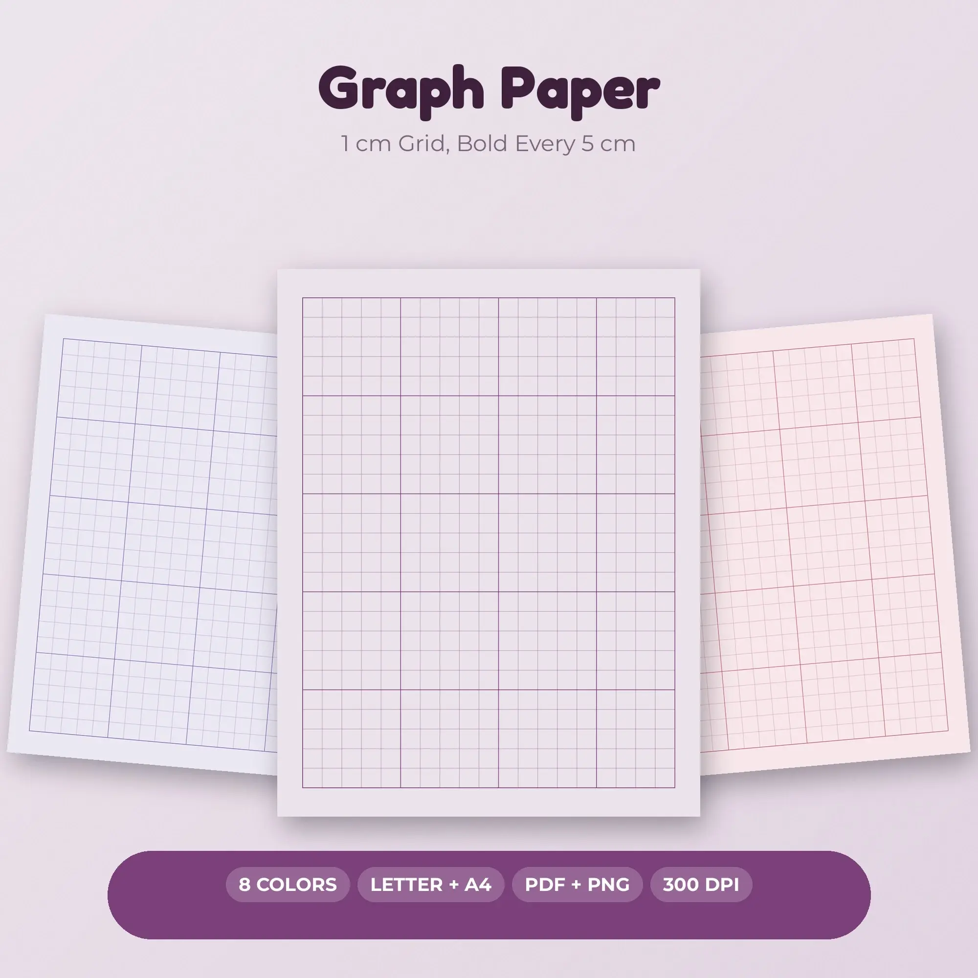 1 cm Grid Graph Paper, Bold Every 5 cm - 8 Berry Colors, Letter + A4 preview