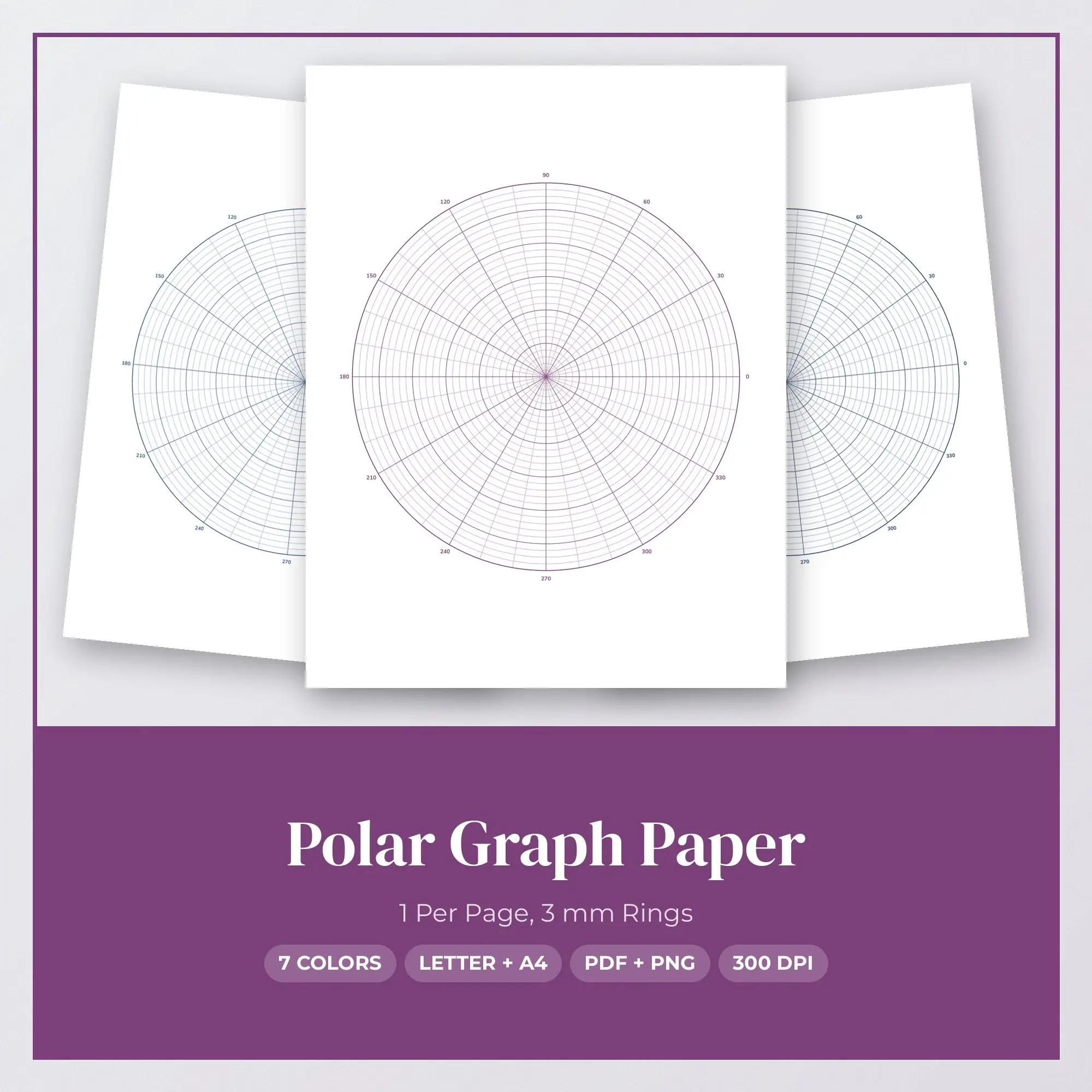 Printable Polar Graph Paper, 1 Per Page, 3 mm Rings (Midnight Palette) preview
