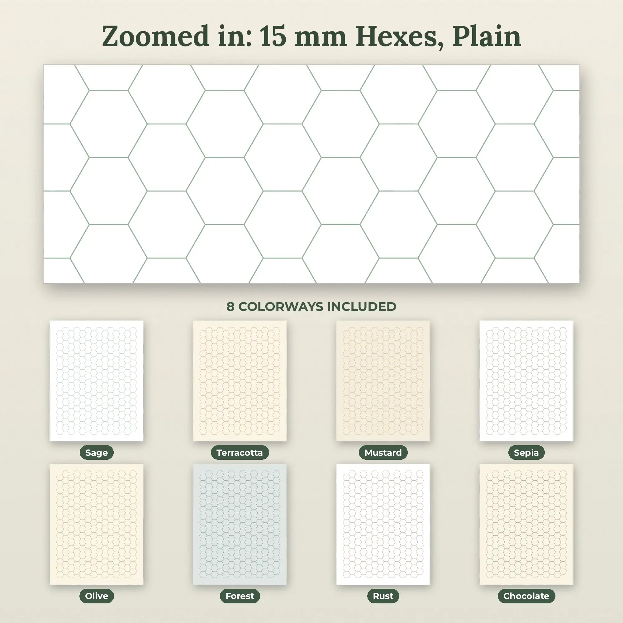 8 Color Hexagon Grid Paper: 15 mm Hexes, Plain | PDF & PNG, preview 2 of 2