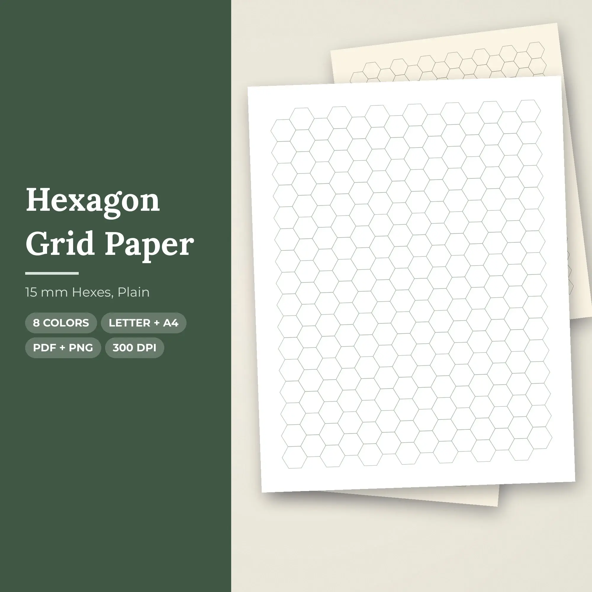 8 Color Hexagon Grid Paper: 15 mm Hexes, Plain | PDF & PNG, preview 1 of 2
