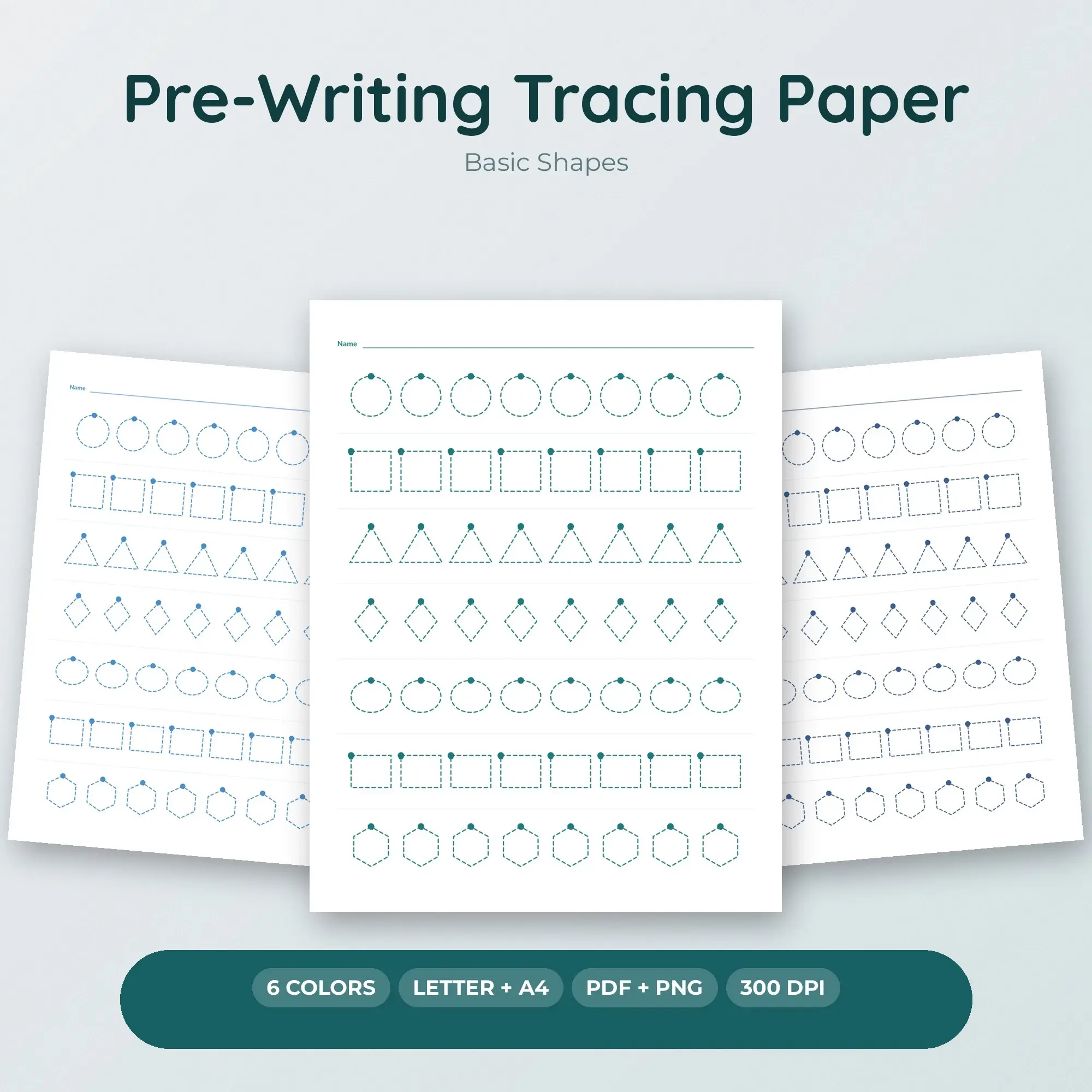 Basic Shapes Pre-Writing Tracing Paper - 6 Ocean Colors, Letter + A4 preview