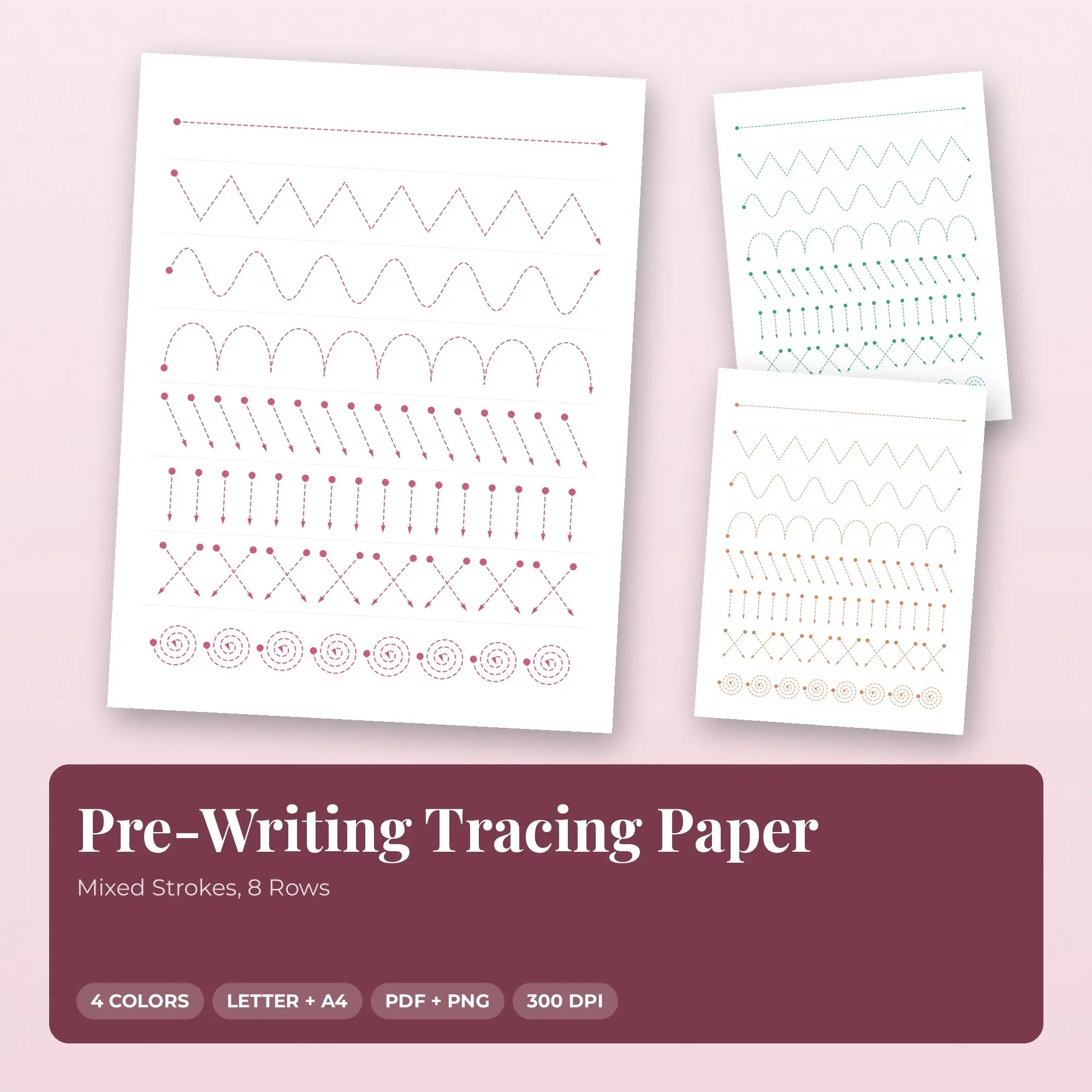 Pre-Writing Tracing Paper Pack, Mixed Strokes, 8 Rows - PDF + PNG preview